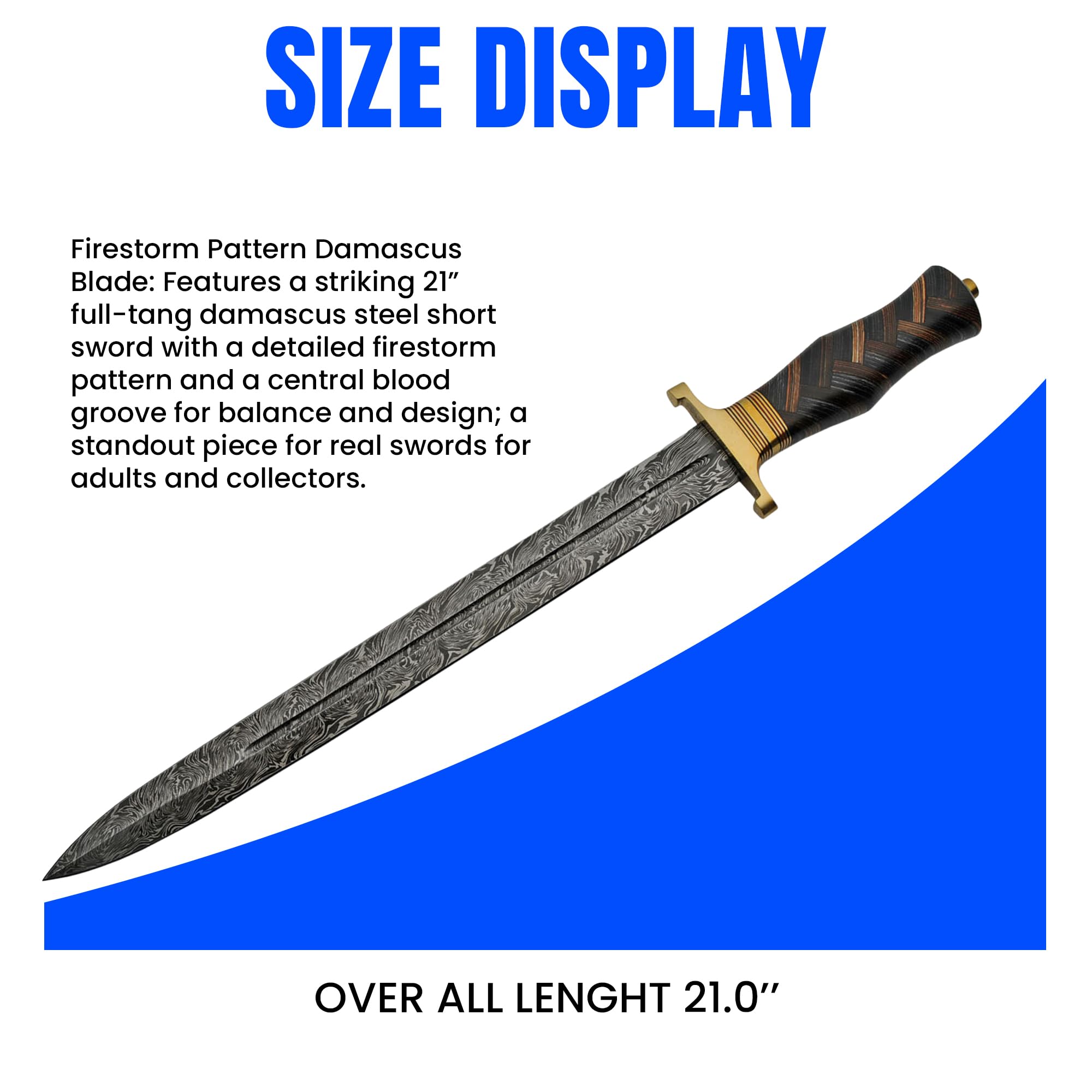 SANZ Damascus 21” Exotic Braided Short Sword – Hunting Swords for Adults with Firestorm Pattern Damascus Steel Blade with Blood Groove, Brass Guard, Sheath, Braided Walnut & Olive Wood Handle