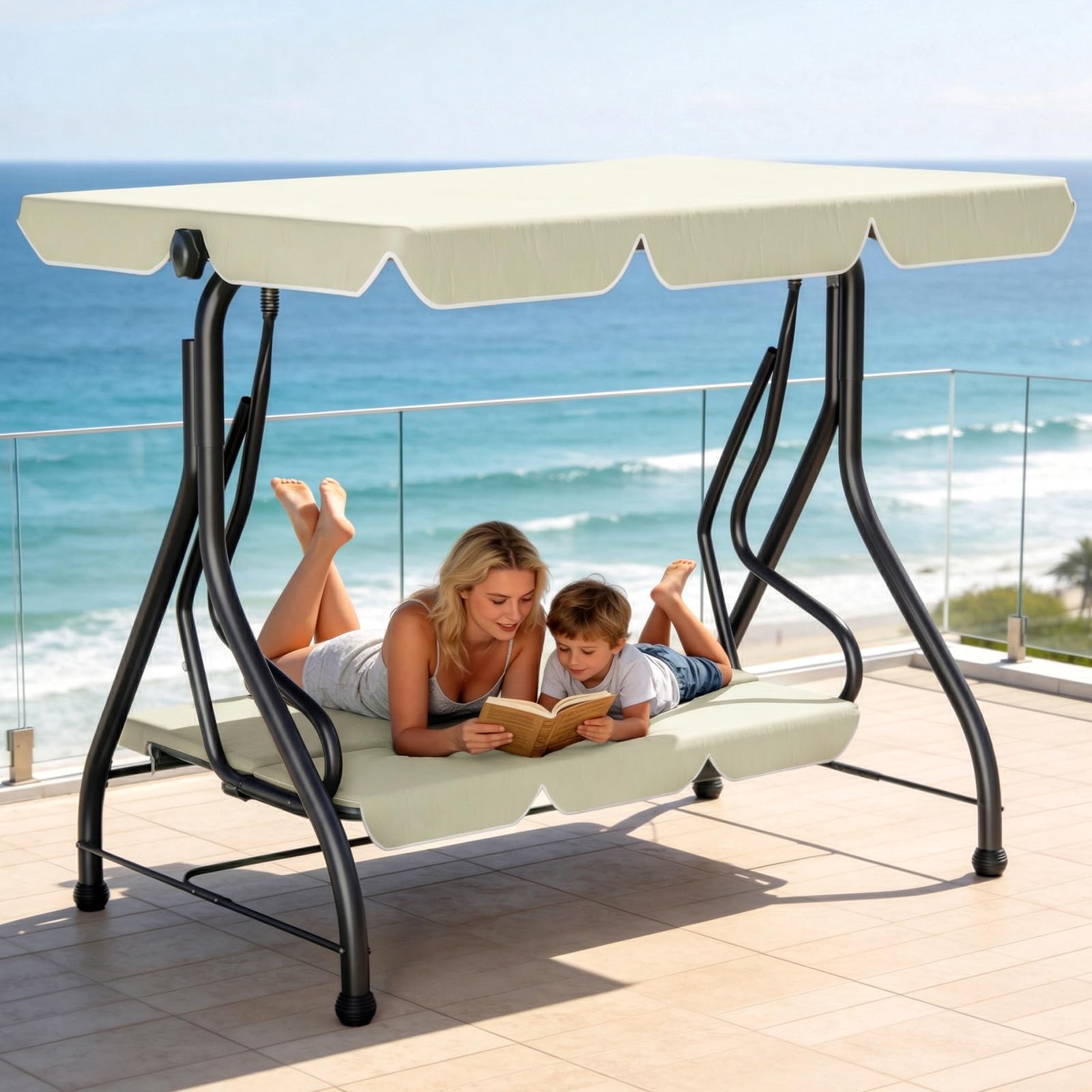 Huracan Balancelle de jardin 3 places, avec fonction allongée, coussin d'assise extra épais et auvent réglable, résistant aux intempéries, chaise longue de jardin, banc à bascule, fauteuil à bascule
