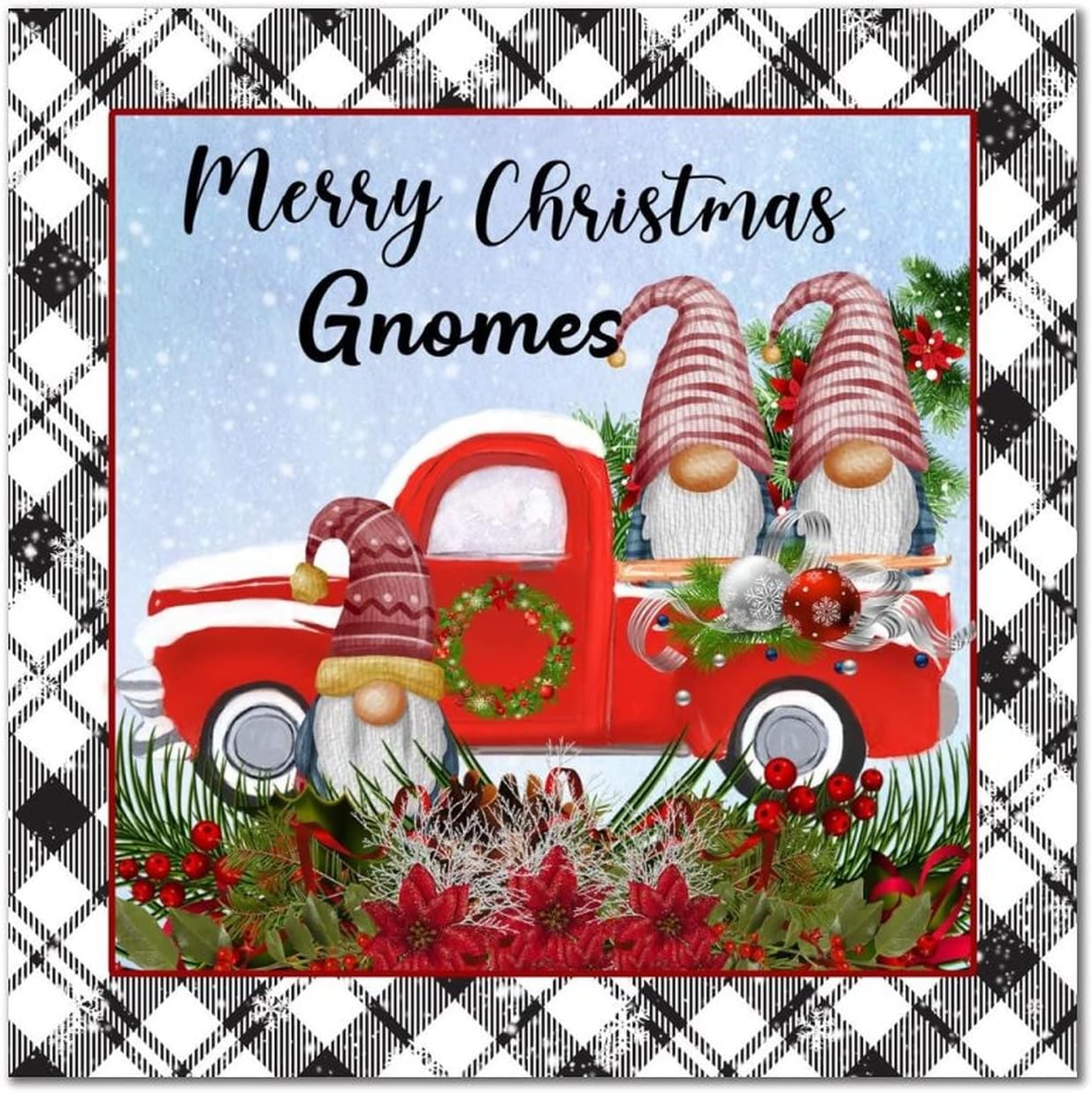 Merry Christmas Gnomes Wooden Sign Vintage Christmas Tree Red Truck Hanging Sign Hello Winter Wall Decor Farmhouse Rustic Wooden For Home Bedroom Living Room Bathroom Housewarming Gift 16x16in