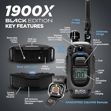 Dogtra 1900X Black Edition E-Collar - 1 Mile Range, Dogs 45 lbs+, IPX9K Waterproof, 100 Stimulation Levels, Vibration, Tone, Rechargeable - Ideal for Dog Owners and Professional Trainers