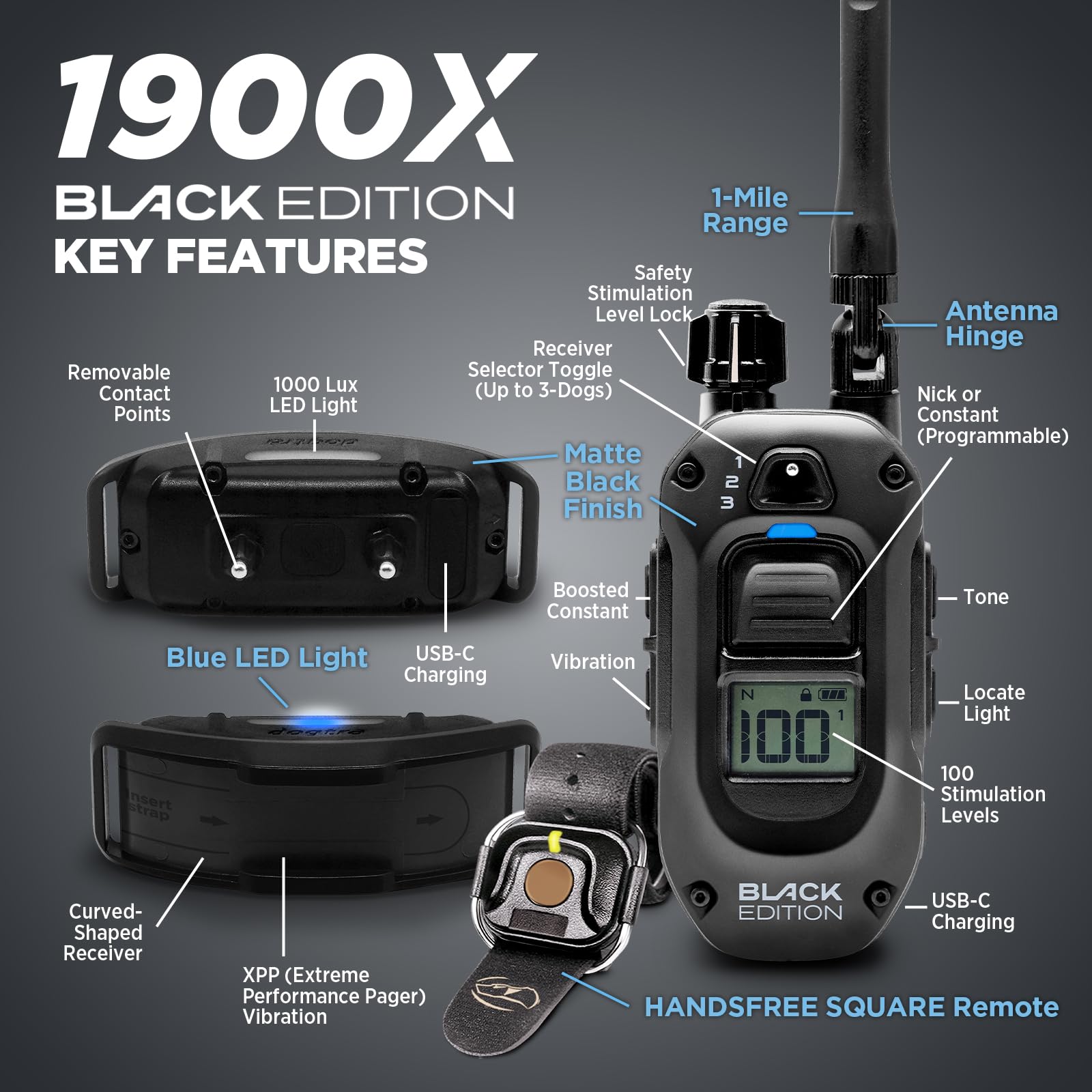 Dogtra 1900X Black Edition E-Collar – Rango de 1 Milla, Perros 45 Libras +, IPX9K Impermeable, 100 Niveles de estimulación, vibración, Tono, Recargable, Ideal para dueños de Perros y Entrenadores