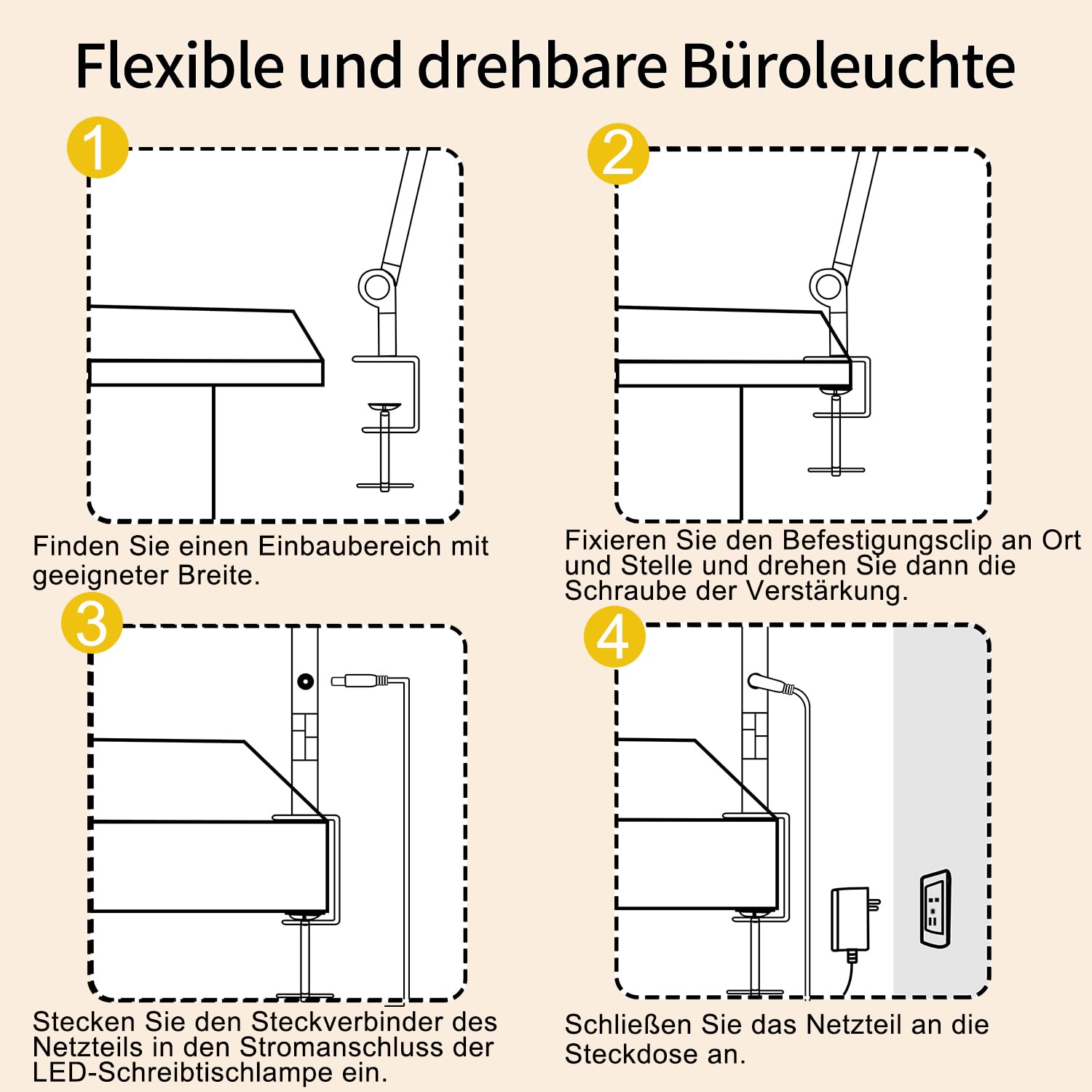 Led Schreibtischlampe klemmbar,Tischlampe 4 Sektionen Schwingarm Tageslichtlampe Schreibtisch,Touch Control Helligkeitsstufen 5 Helligkeit 4 Farbmodi, Speicherfunktion desk Lamp