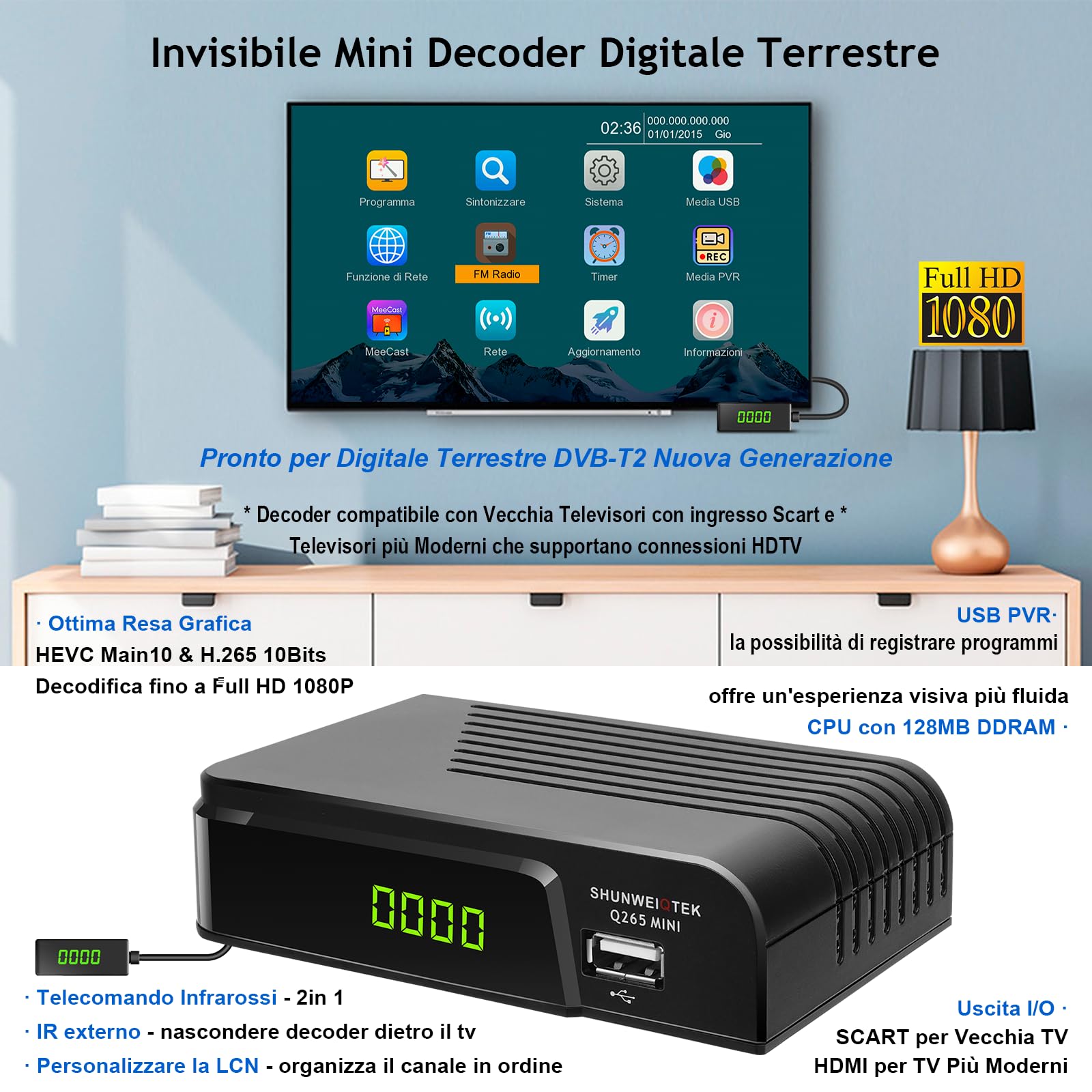 Decoder Digitale Terrestre 2025 con PVR Registra Programmi Preferiti, Mini Ricevitore DVB-T2 con Ordinamento LCN e FM Radio, Uscita Scart Hdmi e H265 HEVC Full HD 1080P Decodifica