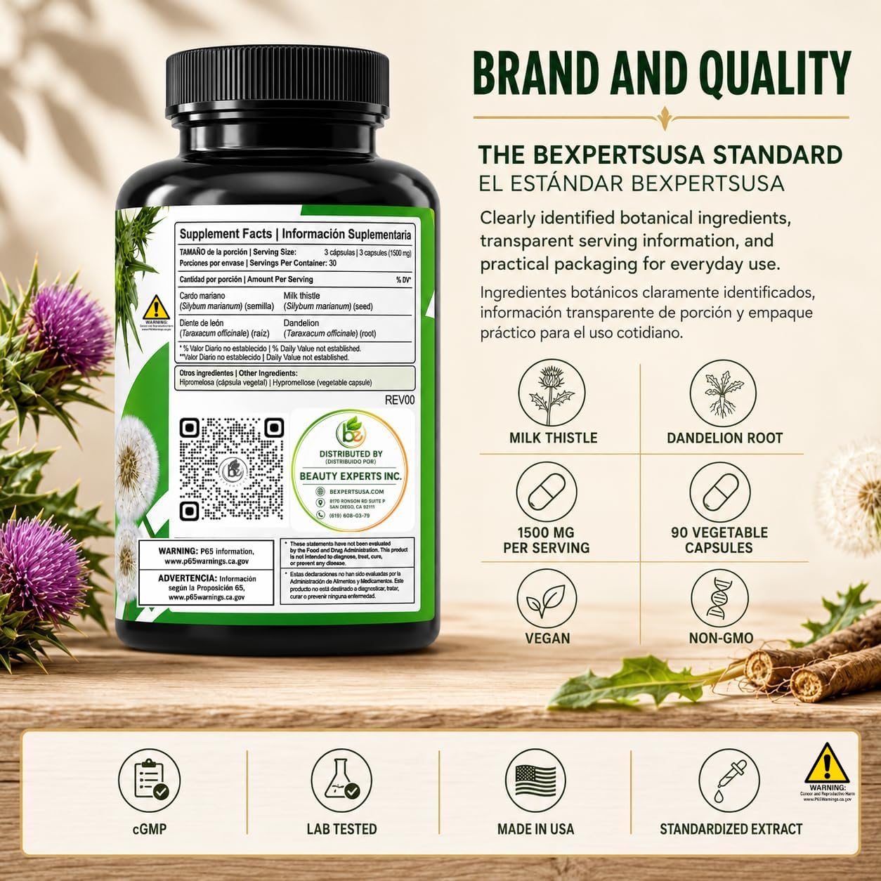 Cardo Mariano reforzado con diente Leon (Milk Thistle Reinforced w/Dandelion) 90 Vegetable Capsule 1500 mg per Serving, Root Liver Health Support, Antioxidant Support,100% Natural, Made by BexpertsUSA — Amazon image 7