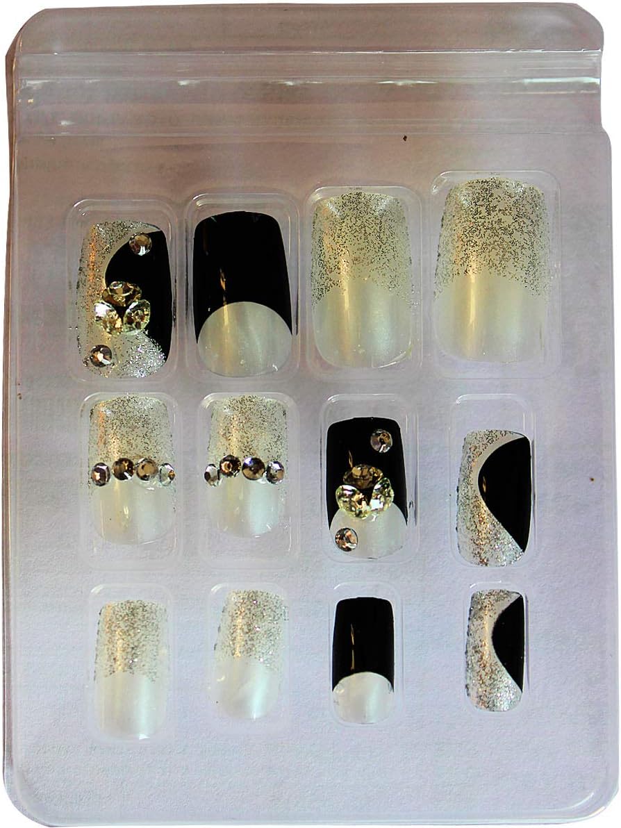 AyA Fashion Women's Self adhesive/Pre - Glued Professional Quality Pre Designed False Artificial French Nails studded with stones (Multicolor,Set of 12 pcs)