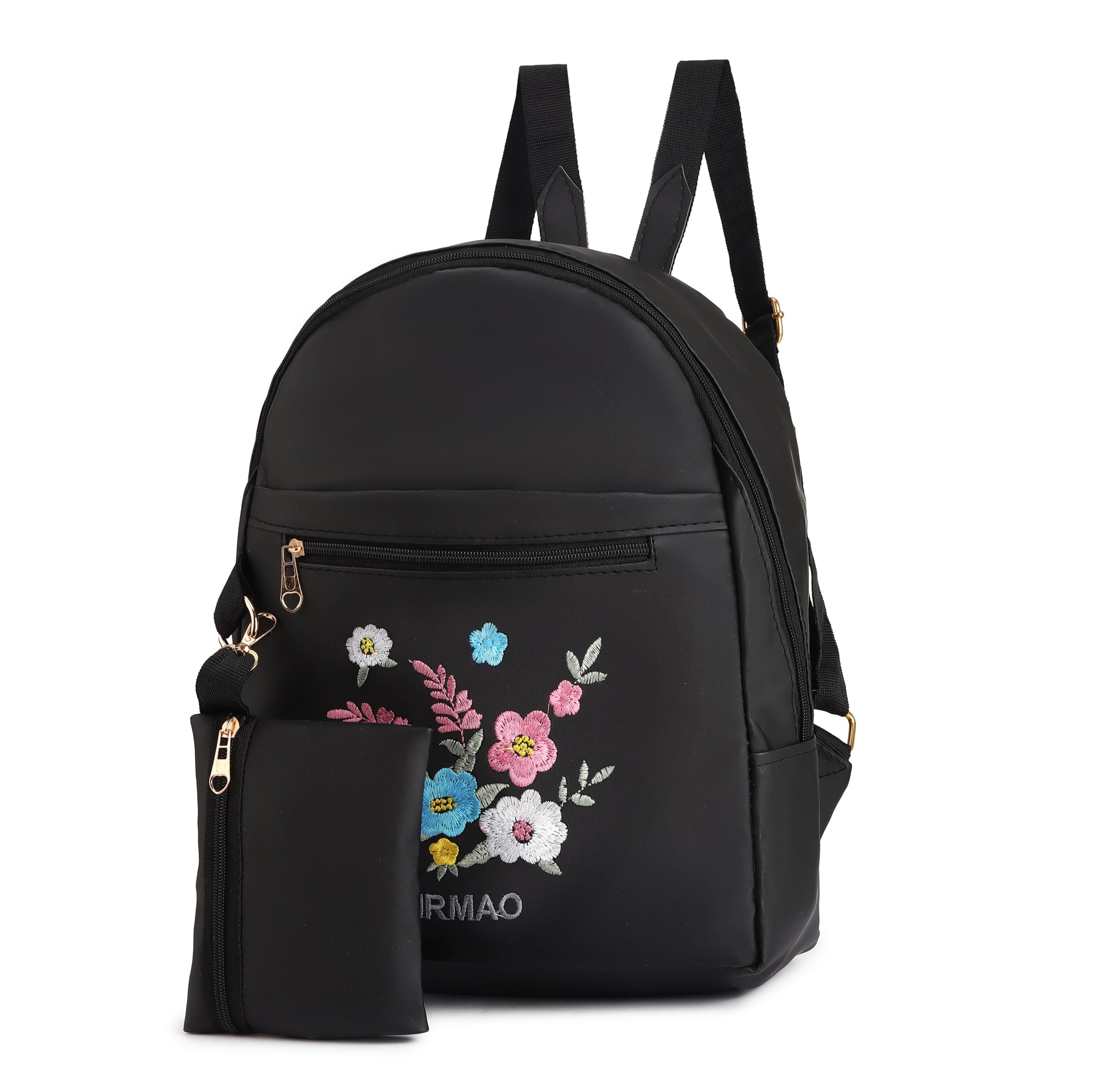 Women's Backpack with Matching Pouch | Stylish Casual Backpack for Women & Girls | Flower Embroidered Lightweight Multi-Purpose Travel, College & Office Bag with Front Zipper Pocket |Black-image-44