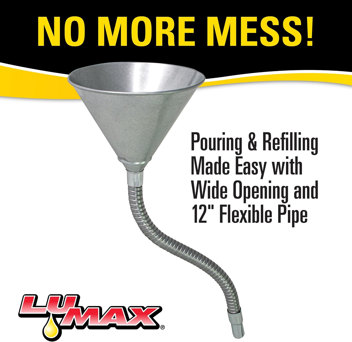 Lumax LX-1704 Heavy Duty Galvanized Steel Funnel with 12" Flexible Metal Spout & Fine Mesh Strainer; 6" Diameter, 1.5 Qt Capacity, All-Purpose Oil, Transmission Fluid & Automotive Funnel