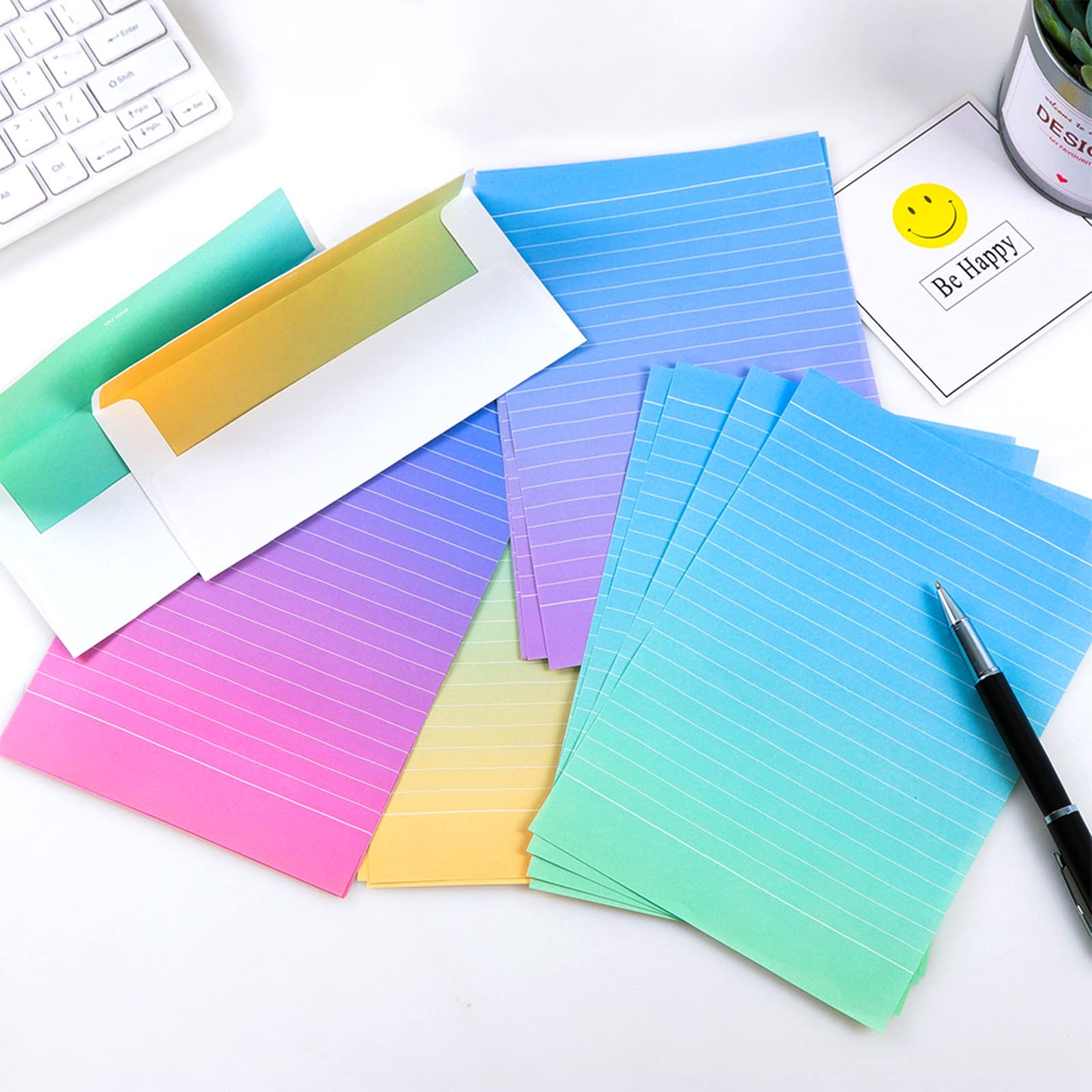 Juego de 48 piezas de papel de papelería colorido y sobres, 32 papeles de escritura con rayas, 16 sobres y calcomanías, juego de papelería de letras de colores degradados para escribir poemas