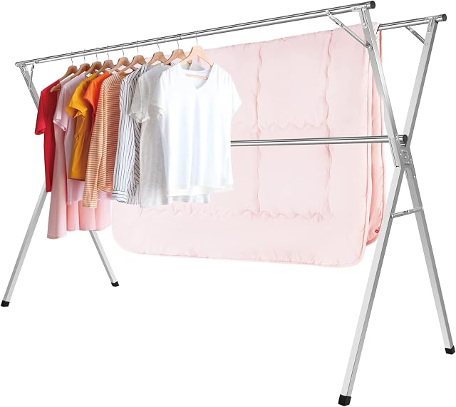 Kdpranky Clothes Drying Rack, Heavy Duty Foldable Laundry Drying Rack, Retractable Space Saving Drying Rack, Stainless Steel Garment Rack for Indoor and Outdoor Use, 2M/79IN