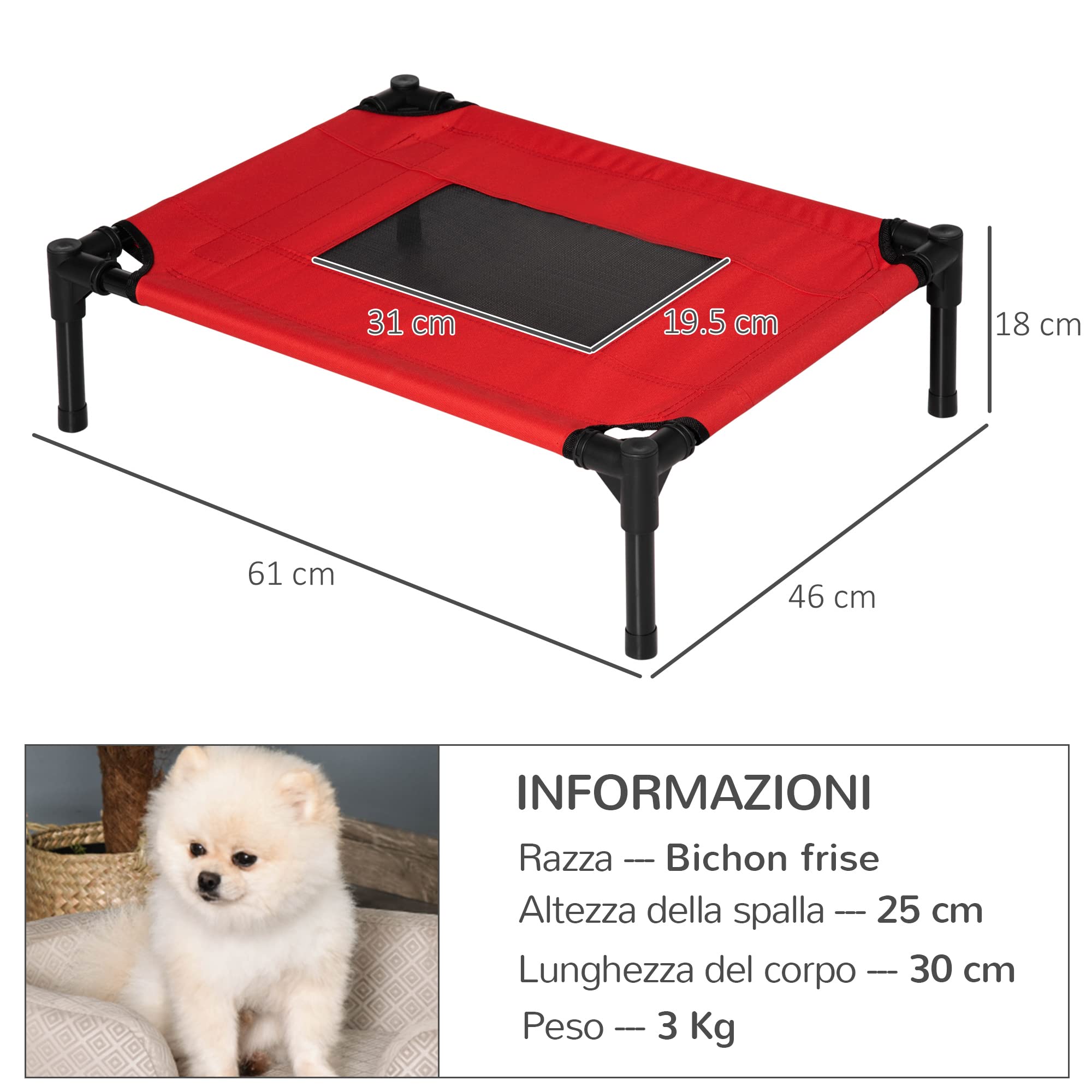 PawHut Cuccia Estiva Brandina per Cani da Esterno e da Interno, Lettino per Animali Domestici Rosso 61x46x18cm