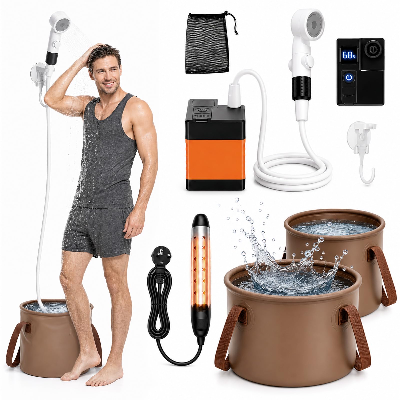 Douche de camping avec tige chauffante, douche d'extérieur avec pompe batterie 5200 mAh, kit pompe de douche avec fonction chauffage et réservoir d'eau de 20 l, pompe de camping pour voyage
