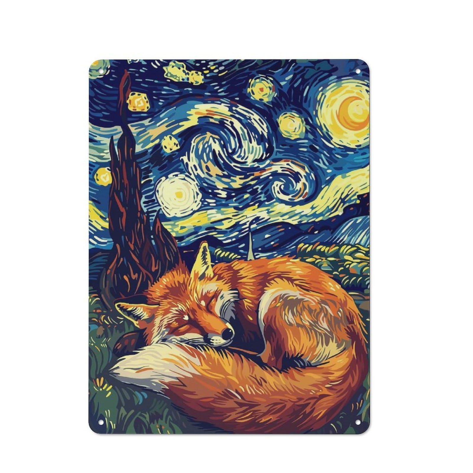 Junmoney Fox Sleeping Under Starry Night Sky Metal Wall Art Sign 40X30cm, Old Fashioned Nostalgic Wall Art For Living Room, Hallway, Kitchen Or Cafe