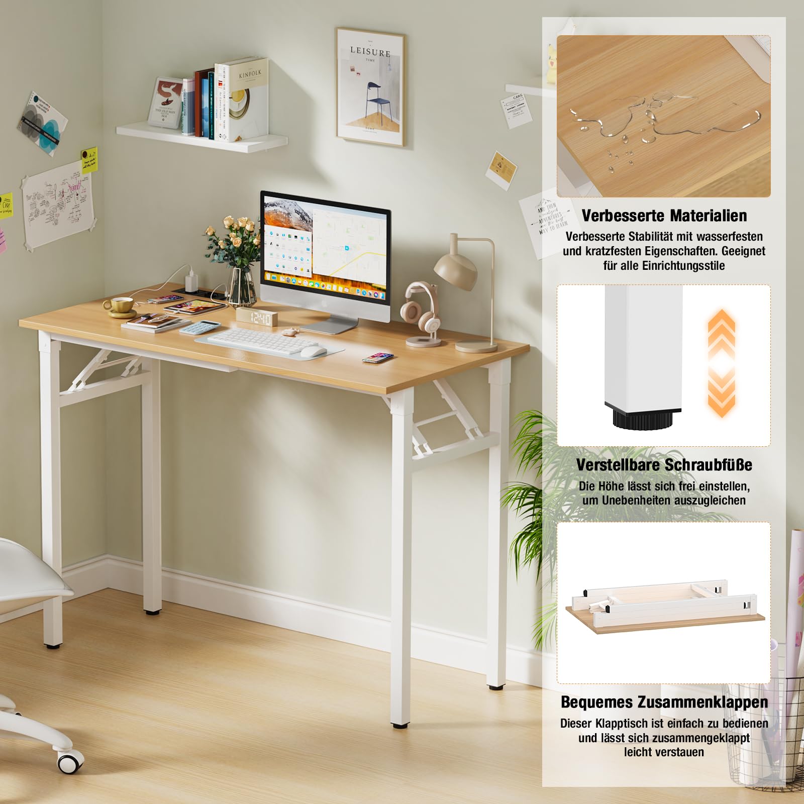 100x50cm Schreibtisch Klappbar, Klappbarer Schreibtisch Kleiner, Computertisch Mit Integrierter Ladestation, Platzsparend, Laptoptisch Klappbar fürs Büro, Homeoffice. (Eiche, 100x50x76cm)