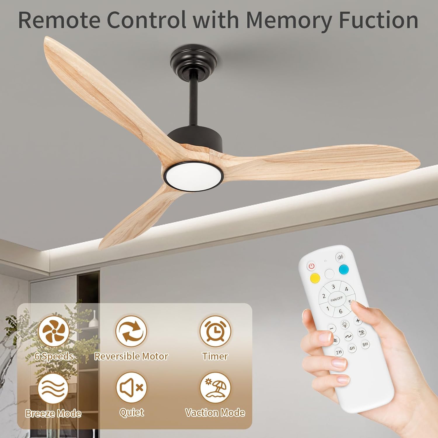 Wood Ceiling Fan with Lights,52Inch Ceiling Fans with Remote Control,Dimmable Light,3 CCT,6 Speeds,Noiseless DC Motor,2 downrod,Ceiling Fan for Bedroom,Living Room,Indoor