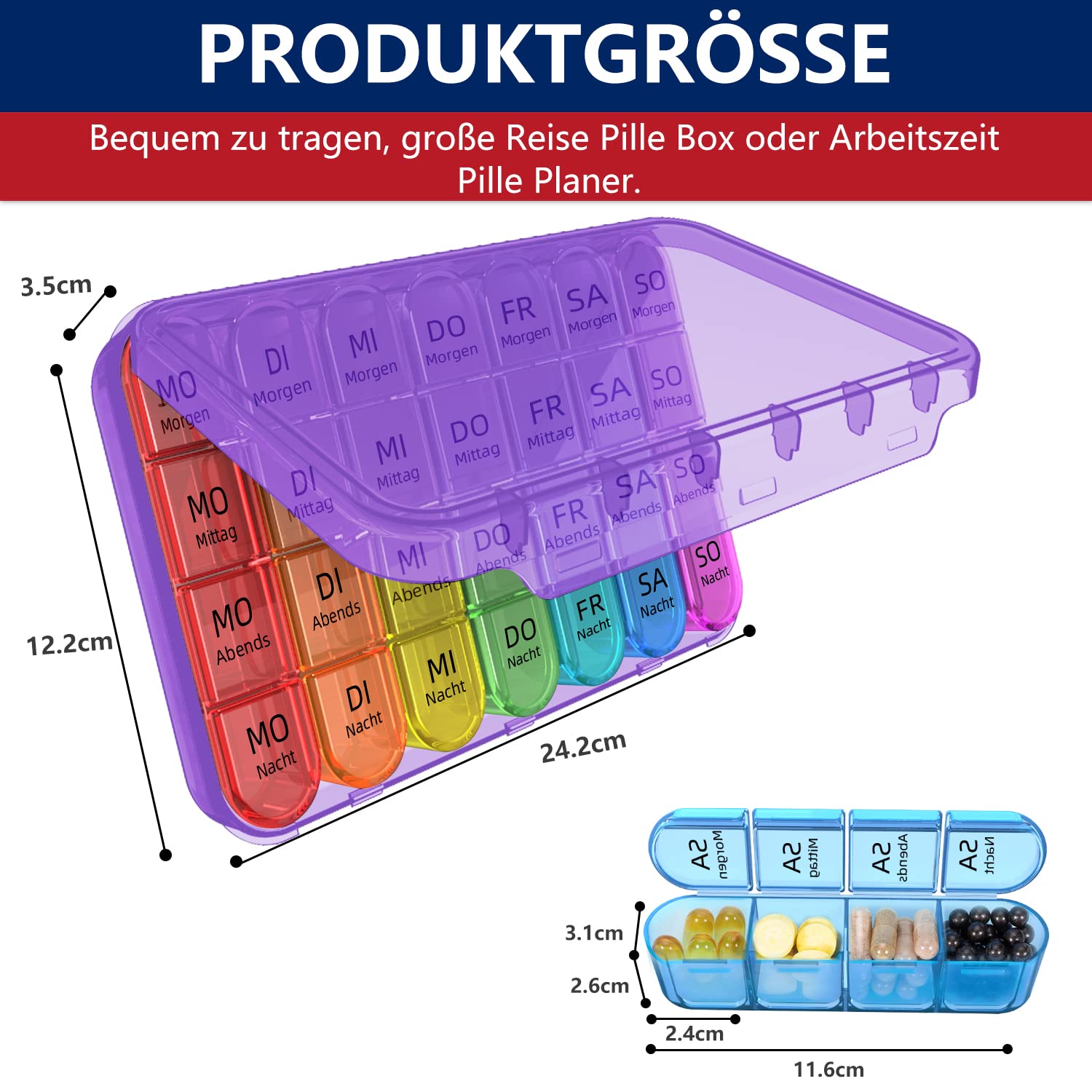 Portapillole 7 Giorni Mattina/Pranzo/Sera - Grande Organizzatore Farmaci Con Scomparti Trasparenti, Facile Da Aprire Per Anziani