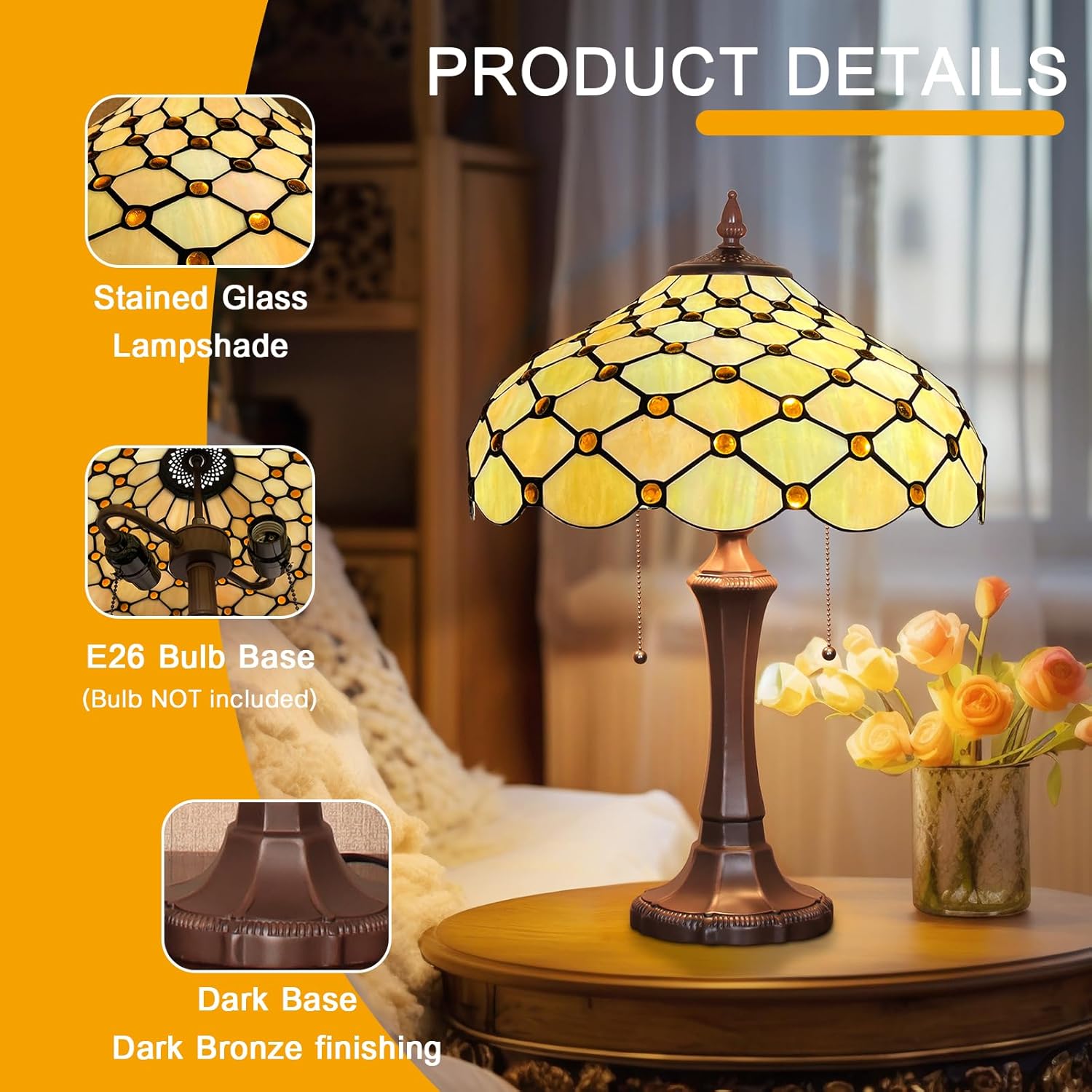 Capulina Tiffany Lamp Stained Glass Table Lamp 2-Light 16X16X24 Inches Antique Amber Beads Tiffany Style Desk Lamp Decor for Bedrooms Living Room Study Home Office