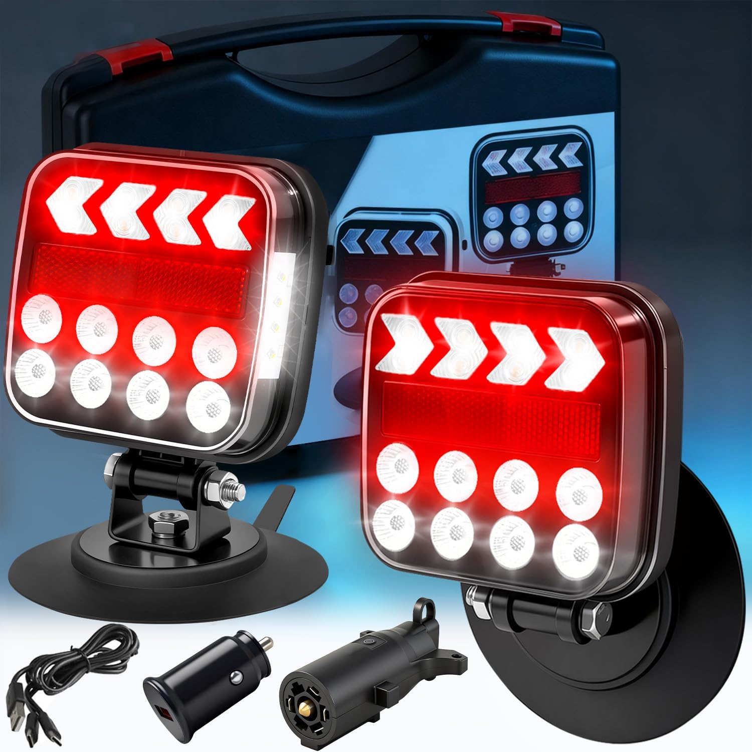 Wireless Trailer Lights Magnetic,180°Adjustable Magnetic Wireless Tow Lights for Trailer Brake light, Rechargeable Towing Tailer Light Kit,Waterproof LED Wireless Taillight Kits for Truck, Boat,RV-2PK