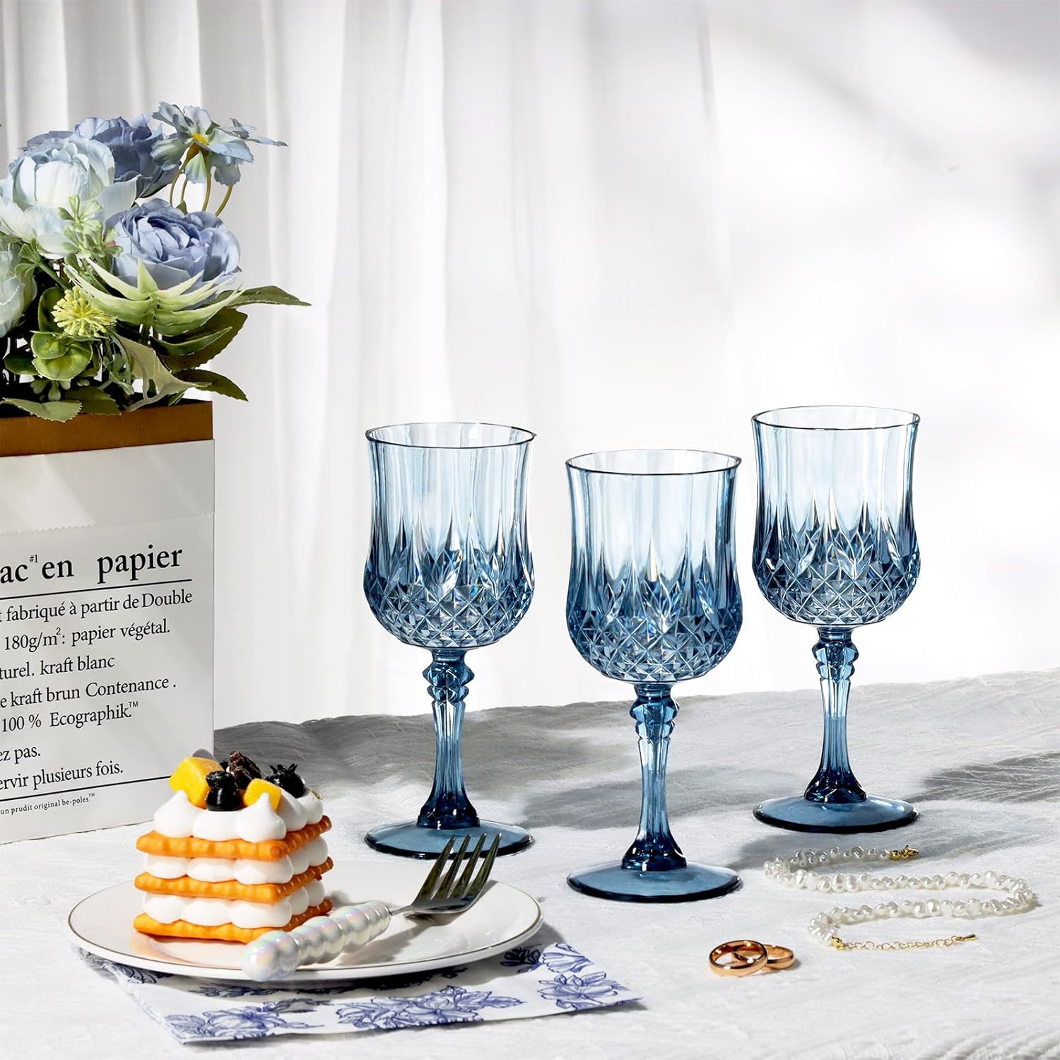 XUWAIDSGN 24 Pcs 7oz Plastic Vintage Wine Glasses Drinking Glasses Unbreakable Wedding Glassware Crystal Water Goblets Reusable Drinkware Vintage Champagne Flutes (24, Blue) - Image 5