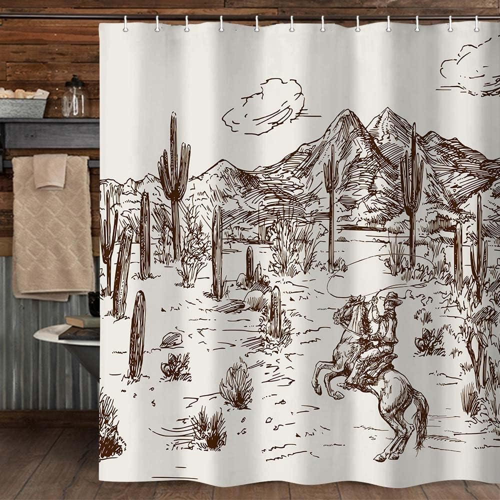 Bzhilja Western Cowboy Shower Curtain, Farmhouse Country Cactus Shower Curtain for Bathroom American Wild West Cowboy Riding Horse in Desert,