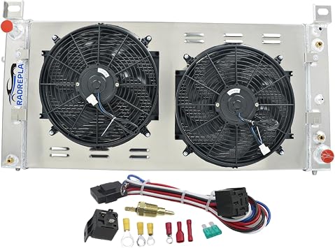 34" CU2370 Aluminum Radiator for 1999-2014 Chevy Silverado 1500 2500 Yukon 3 Row Crossflow Radiators Shroud 2x14" Fan Thermostat Relay Kit 2000 2001 2002 2003 2004 2005 2006 2007 2008 2009