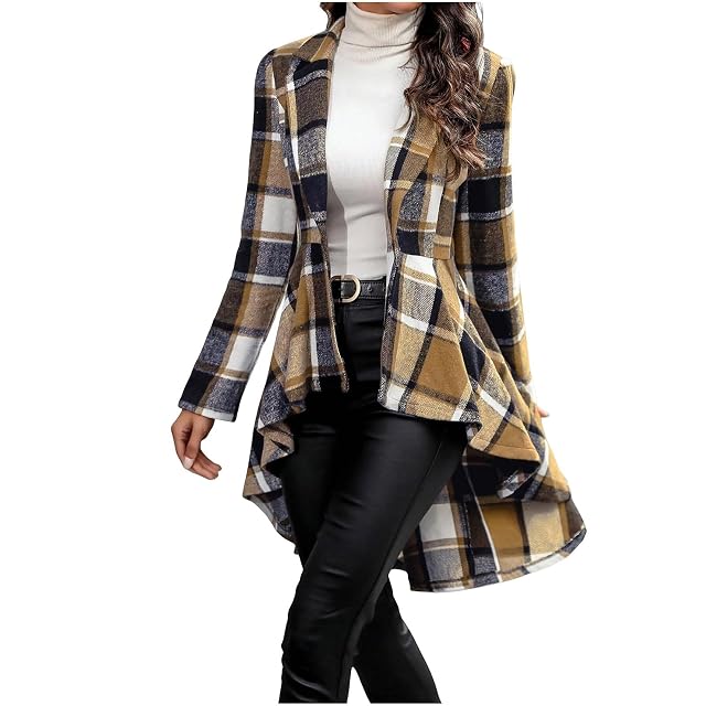 Womens Plaid Blazer Ruched Long Sleeve Shawl Lapel Button Front Ruffle Tailored Cardigan Suit Jacket Blazer