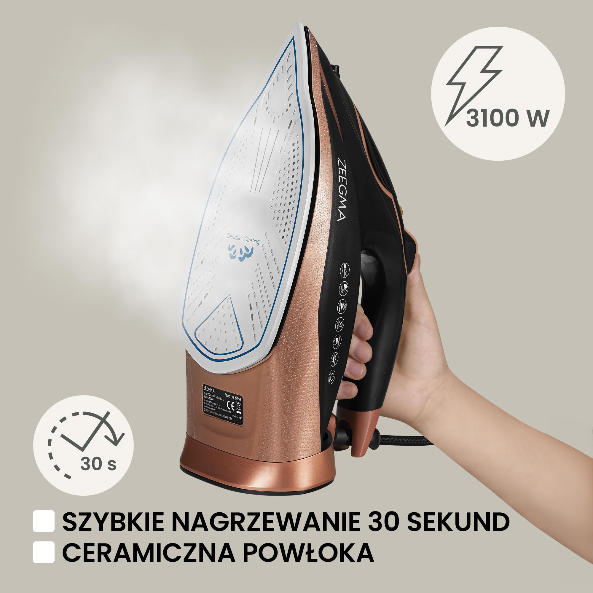 ZEEGMA IRONEE BASE Przewodowe Żelazko Parowe z Powłoką Ceramiczną 3100W, Prasowanie na Sucho i Parą 40g/min, Zbiornik 320 ml Funkcja Samoczyszczenia, Anti-Drip oraz Anti-Calc