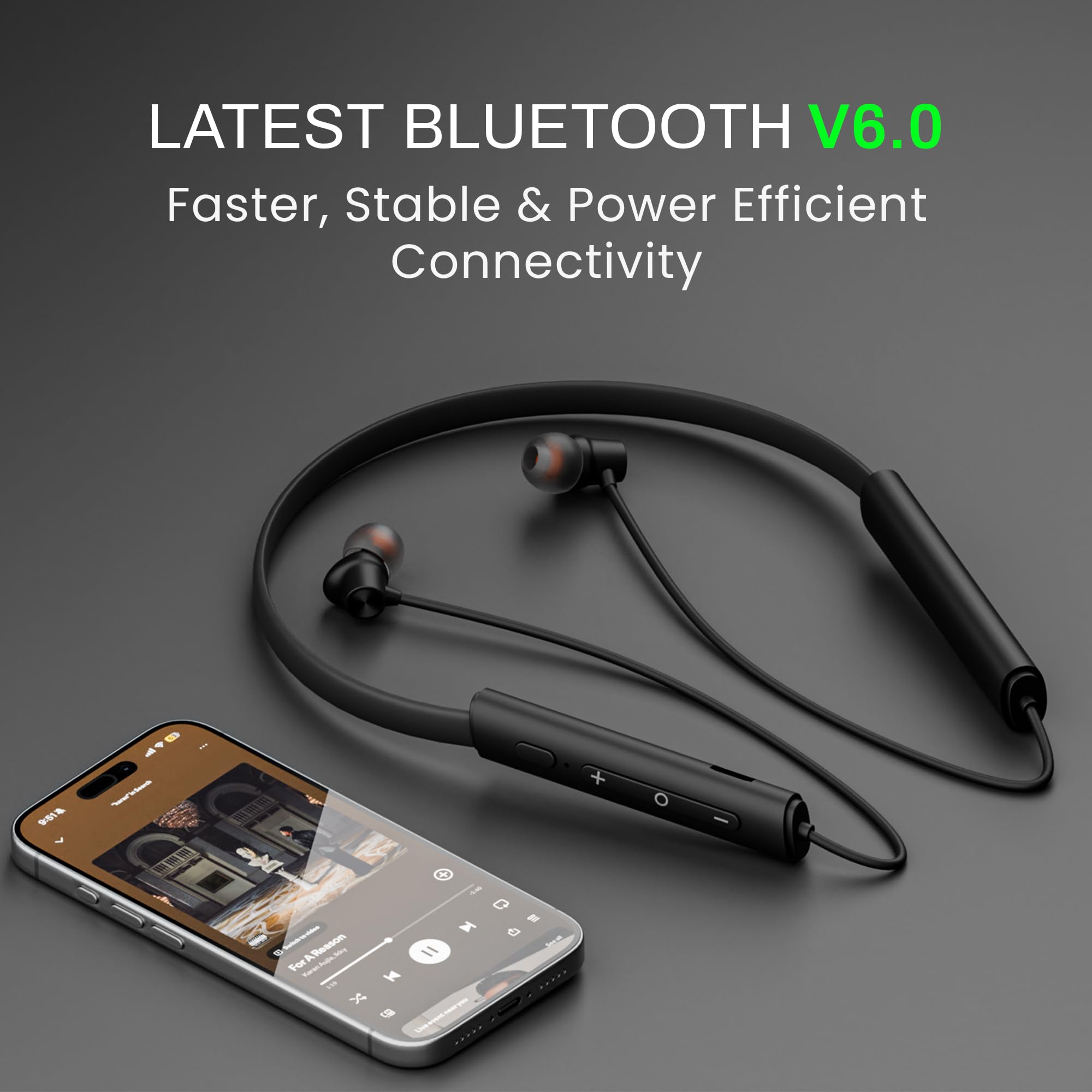 HAMMER Splendor 2 Wireless Neckband Bluetooth v6.0 with 50H Playtime, ENC, 10mm Drivers, Type-C Fast Charging, 55ms Low Latency, Lightweight Earphones (Black) — Amazon image 4