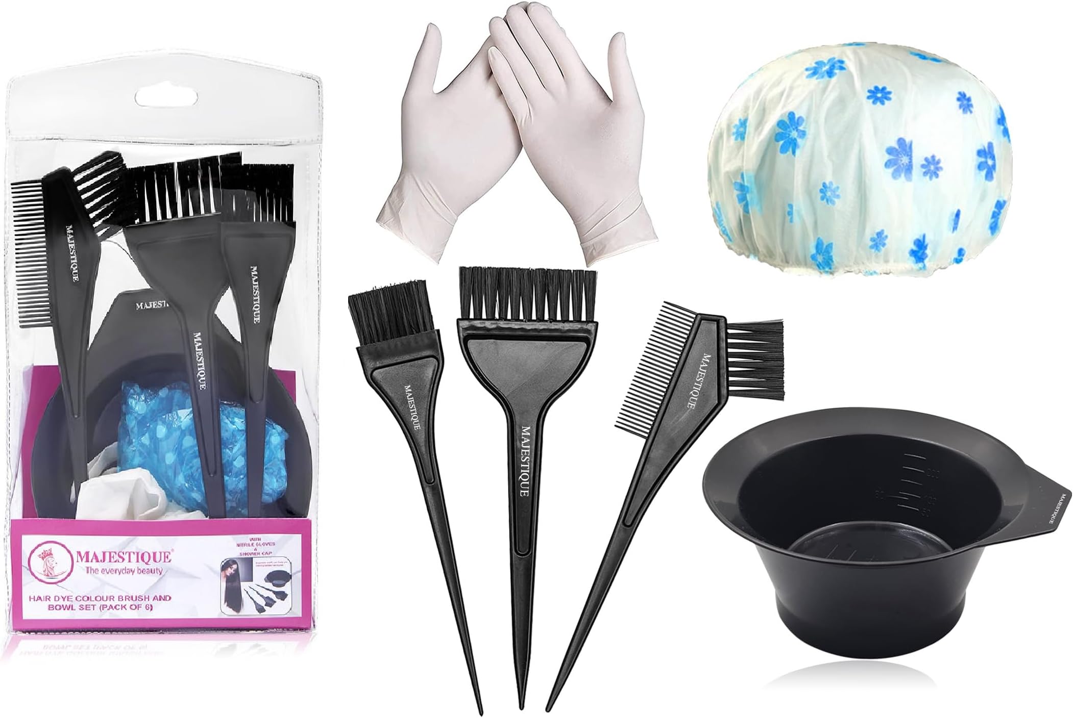 Professional Hair Coloring Kit | Hair Dye Brush & Tinting Bowl | Hair Coloring Cape & Gloves | Complete Salon Hair Dye & Bleaching Tools Set (6 Pieces)