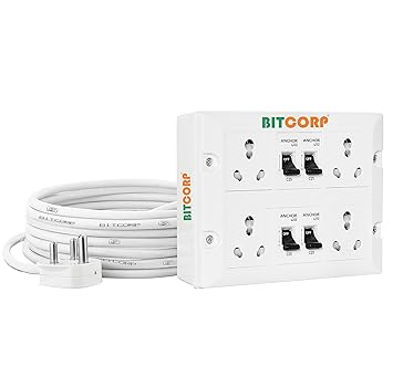 Bitcorp Electric Extension Board for Heavy Duty Appliances 16A 20A 25A (6000W) 4 Universal Socket 4 Mcb Thermal Protected 20 Meter Long Cable Wire Spike Guard with 16A Hd (25A) Plug (White)