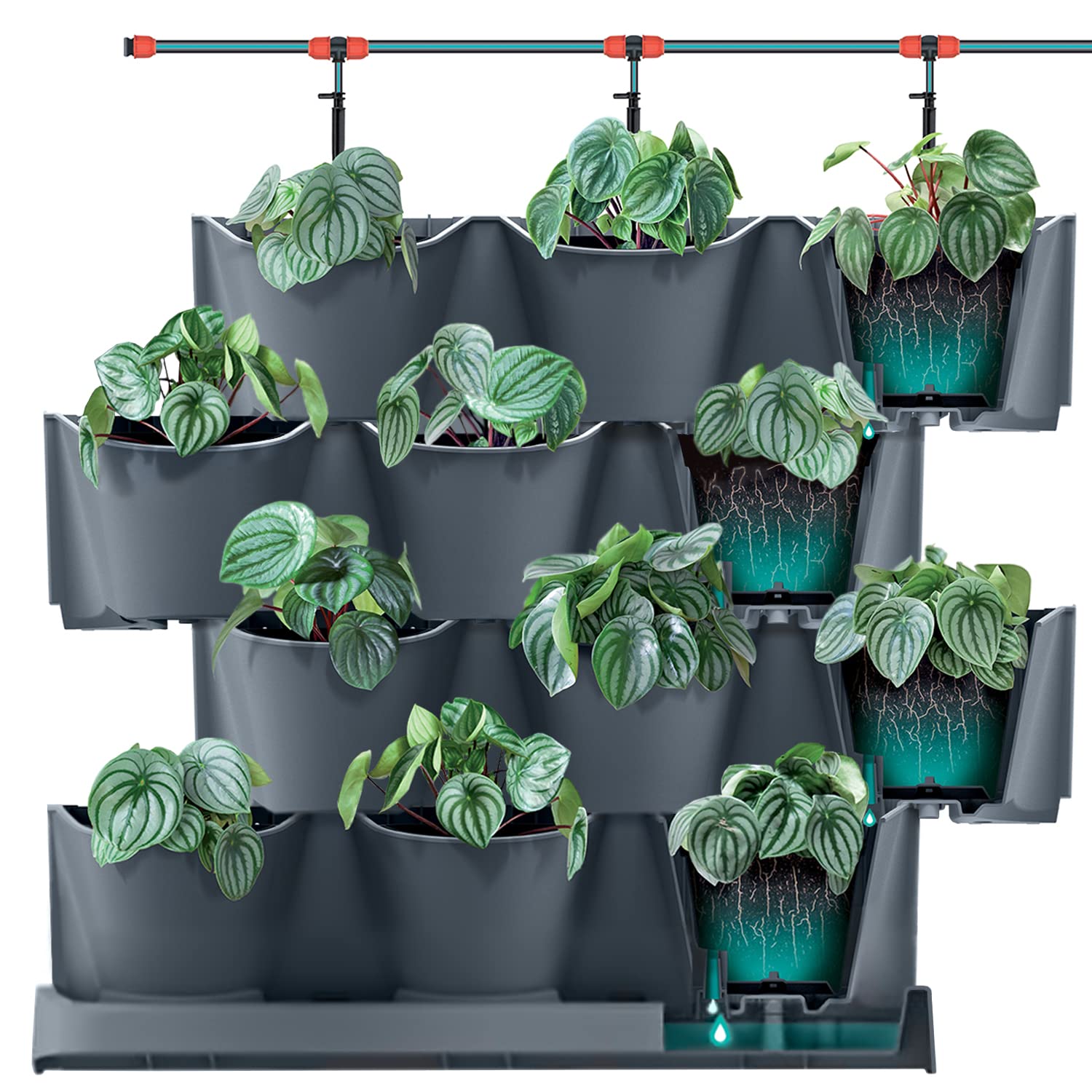 IMJ-Global Set di 12 Vasi Orto Verticale Modulari Per Fiori Piante Cascade Wall Decorativi In Plastica Da Interno Esterno Neri 19 x 68,5 x 54, 6 cm Design Moderno 12 x 0,75 Litri