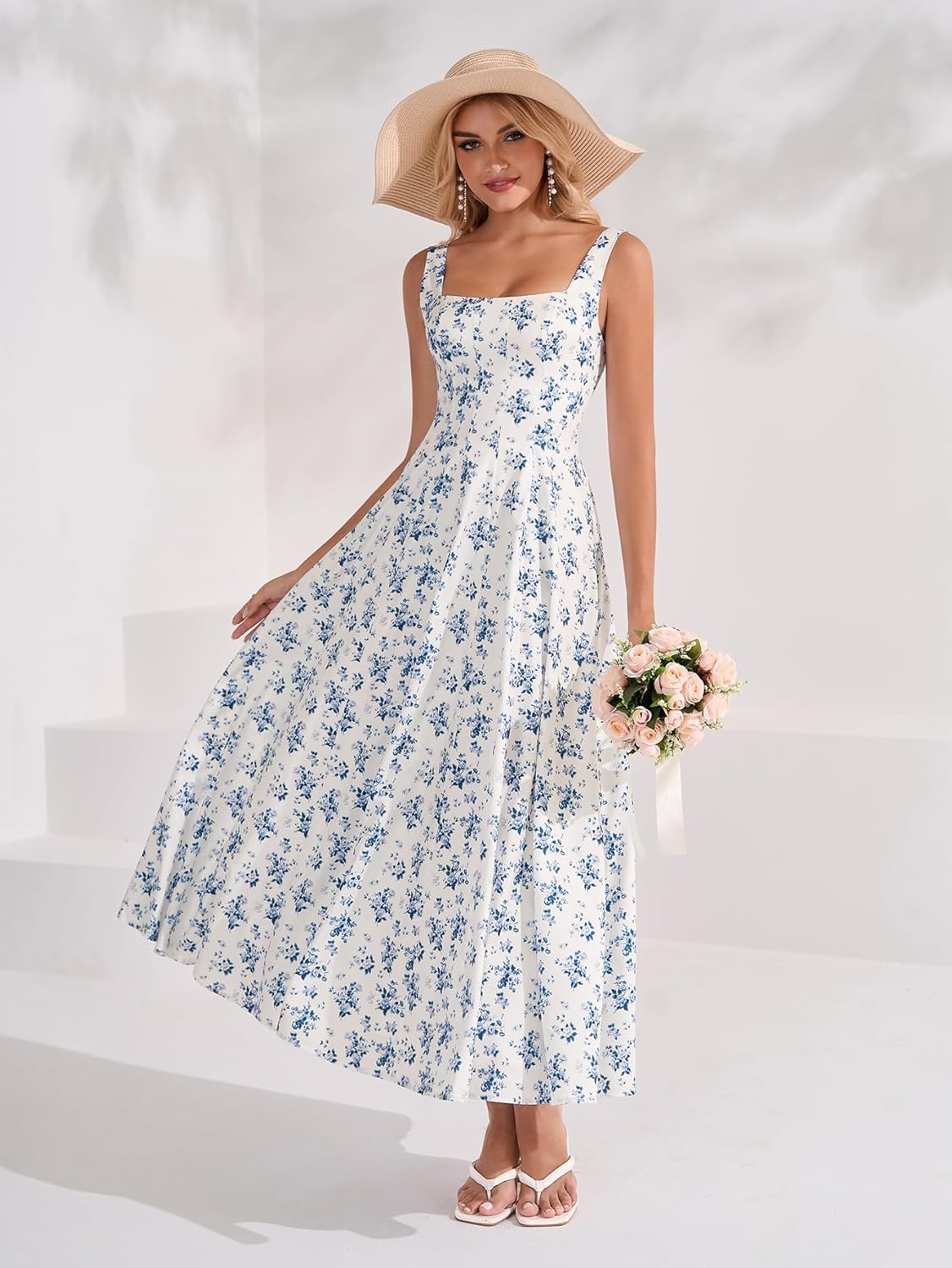 Floral Midi Dress Casual Lace Up Flowy A Line Square Neck Wedding Guest Summer Dress for Women 2026 - Image 4