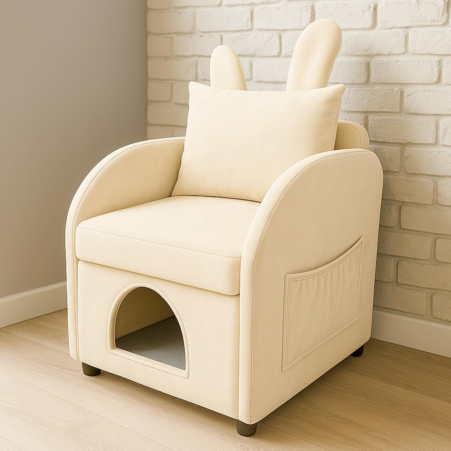 Friendly Armchair with Scratch-Resistant Fabric, Built-in Cat & Dog Hideaway, Dual-Use Sofa Chair with Side Pocket (Beige)