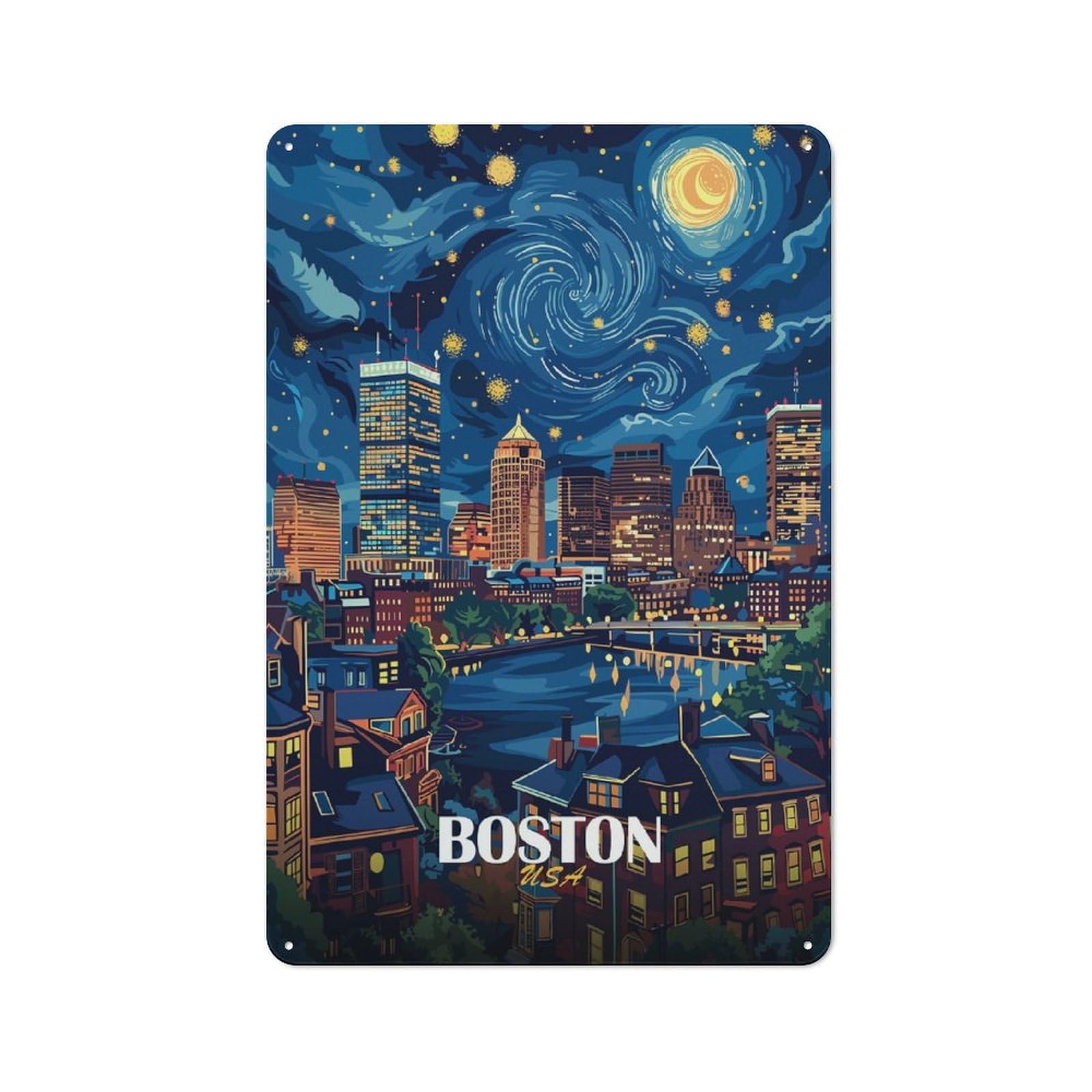 Junmoney Style-21 Rustic Metal Sign With Boston Usa Night Skyline Art Design 30X20cm, Country Vintage Cottage Wall Art For Kitchen, Cottage, Porch Or Garden Room