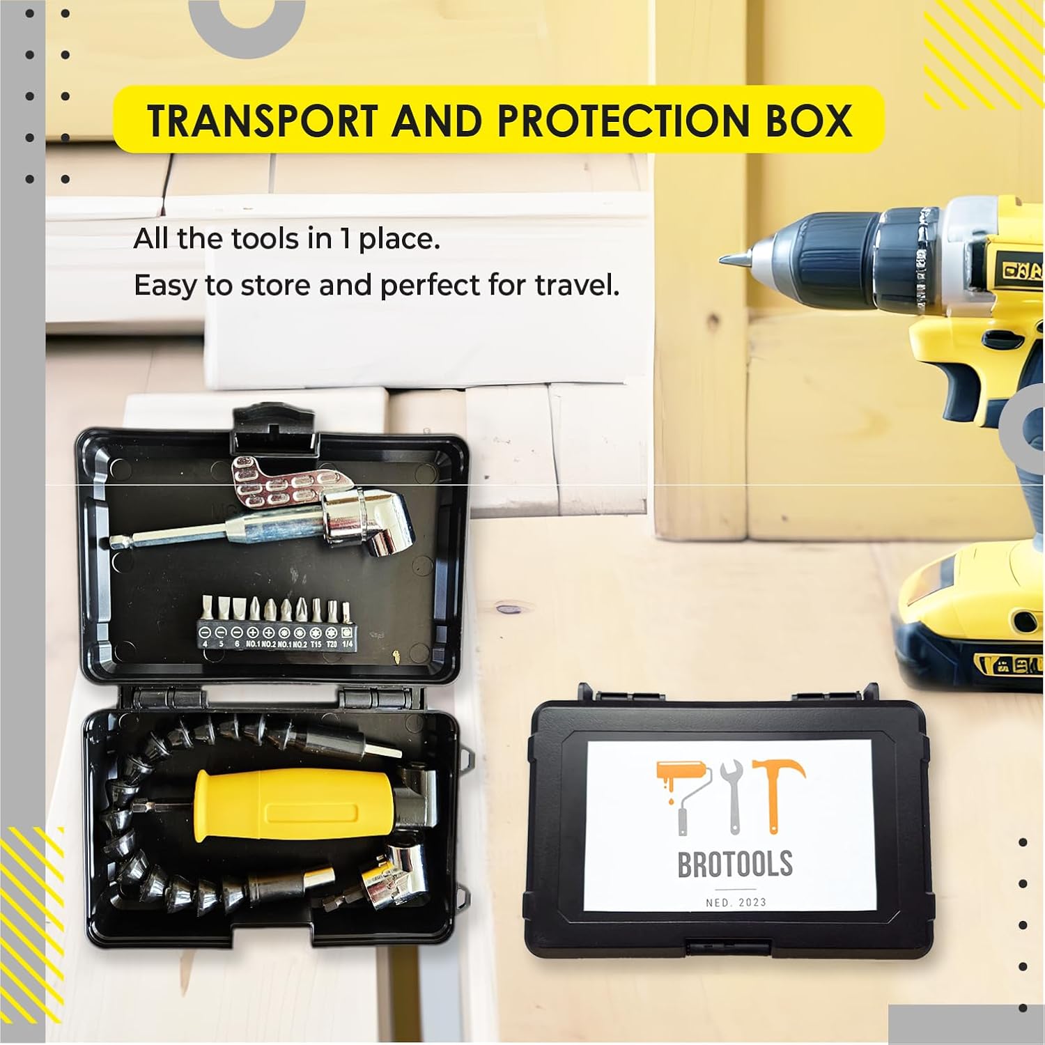 Right Angle Drill Attachment set with Flexible Drill Bit Extension and Transport Box - Drill Attachments with 90 Degree Drill Attachment and Right Angle Screwdriver - Extension