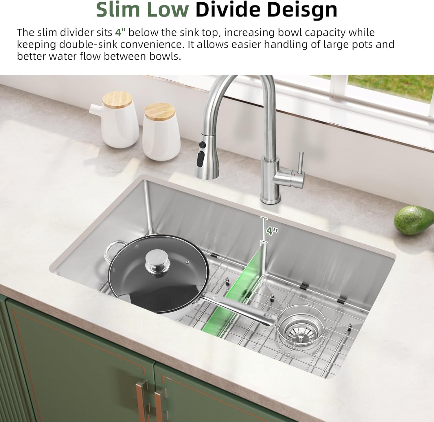 Davivy 30 inch 50/50 Undermount Double Bowl Kitchen Sink With Faucet, 16 Gauge Stainless Steel Kitchen Sink, Low Divide Design, Double Basin with Accessories, 30x18x9 Inch
