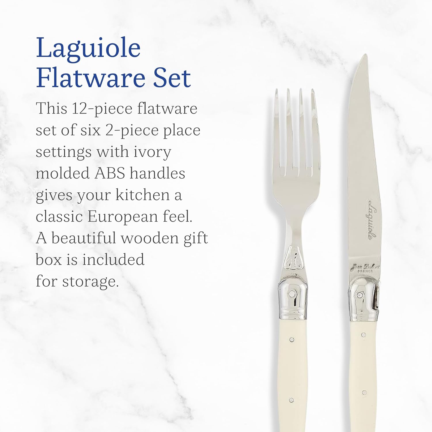 Jean Dubost Laguiole 12-Piece Flatware Set, Ivory Handles - Rust-Resistant Stainless Steel - Includes Wooden Tray - Made in France