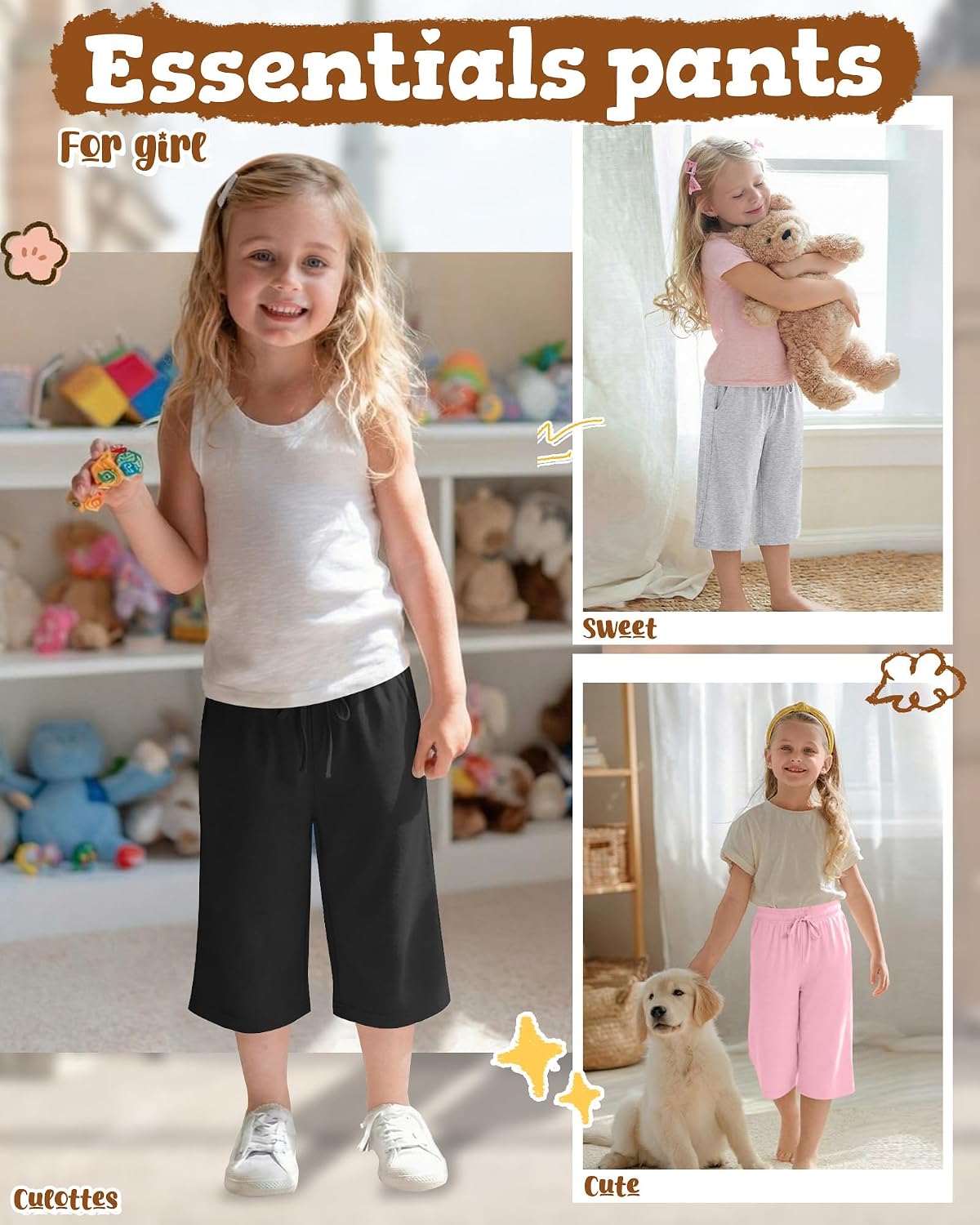 3 Pack Girls Capris Summer Capri Pants 5-16 Years Wide Leg Elastic Waist Cropped Pants Loose Sweatpants with Pocket