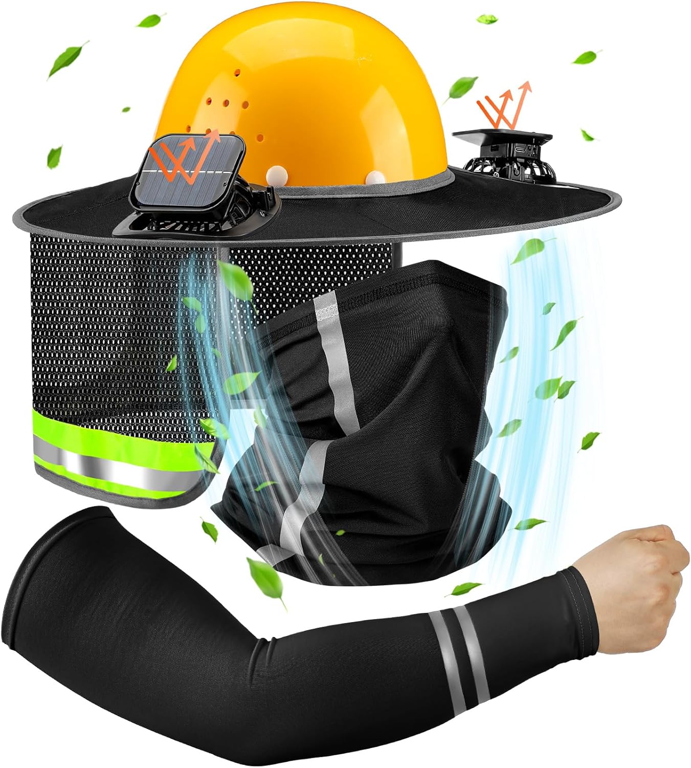 1 Set Sun Hard Hat Shade Full Brim Hard Hat Sun Visor with Solar Fans and Neck Sunshade Cover UV Reflective Strap Arm Sleeves Summer Protection Accessories