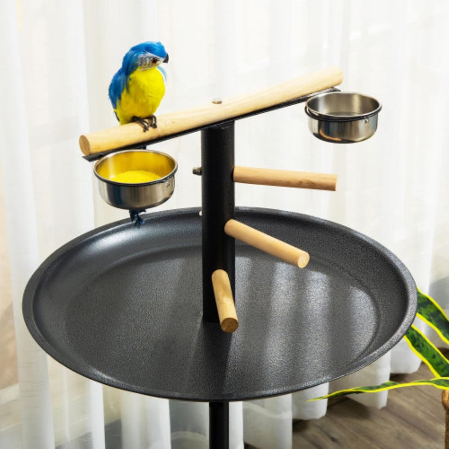 Bird Play Stand,Open Bird Cage, Bird Perch, Portable Parrot Perch, Parrot Stand, Bird Feeder with Four Wheels, Stainless Steel Feeding Bowl, Round Tray, Gray