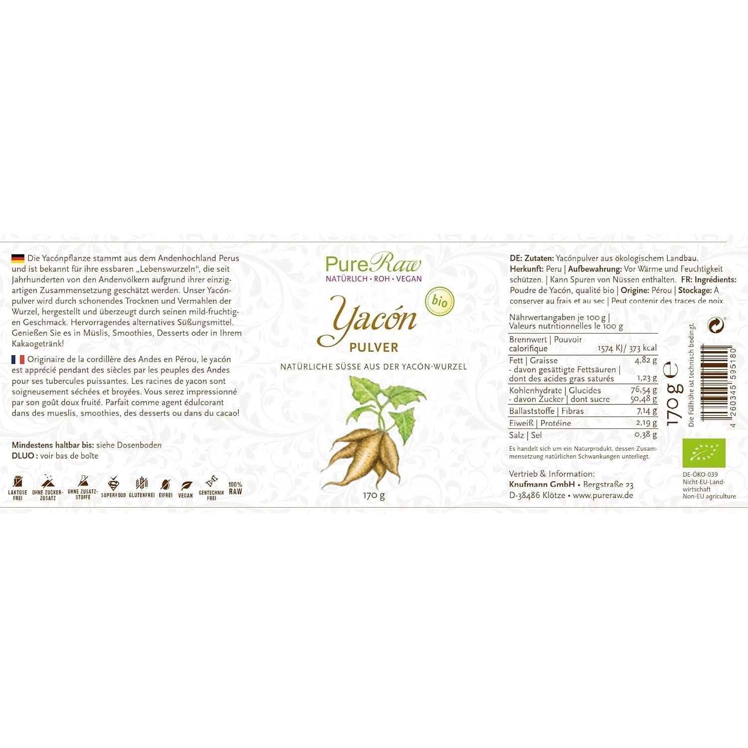 Bio Yacon 3er Set - Yacon Sirup 330g, Yacon Pulver 170g & Yacon Snack 80g PureRaw - reich an Ballasstoffen, frei von Zusatzstoffen, vielfälltig Verwendbar I PureRaw