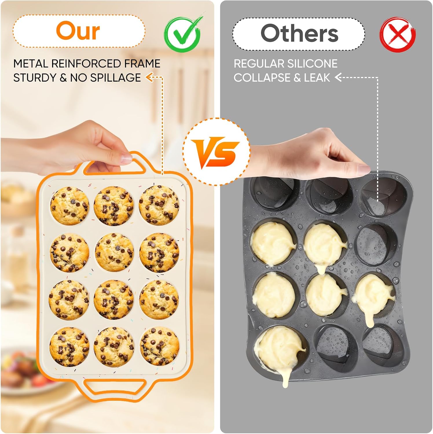 2 Pack 12-Cup Silicone Muffin Pans with Metal Frame | Nonstick, BPA-free silicone cupcake pans with a sturdy metal reinforced frame. Oven and dishwasher safe for easy baking.