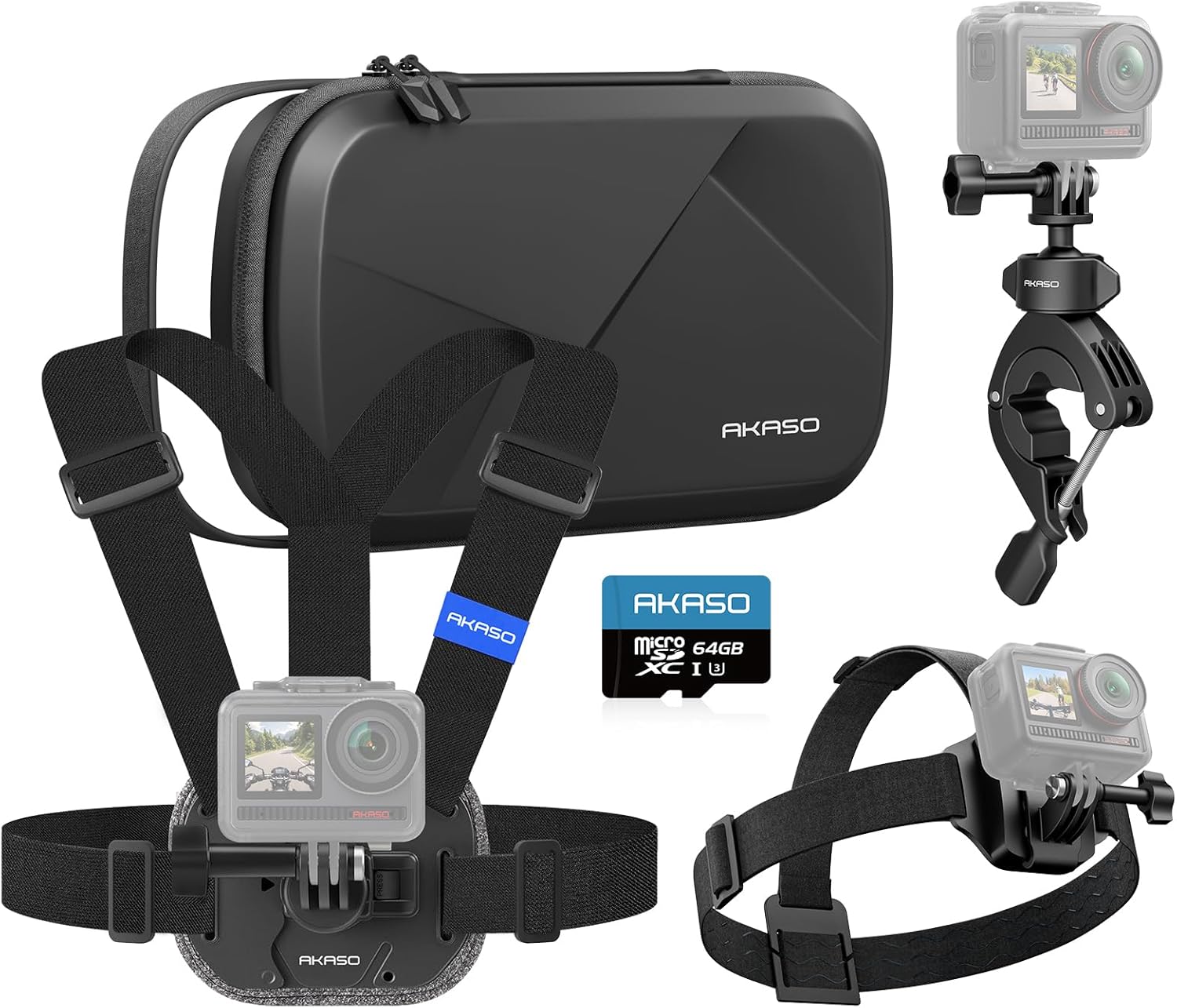 AKASO Cycling Accessory Kit for Action Camera - 64GB MicroSD Card + Quick Release Adjustable Chest Strap Mount + Handlebar Clamp Mount + 2-in-1 Quick Release Head Strap Mount + Camera Carrying Case
