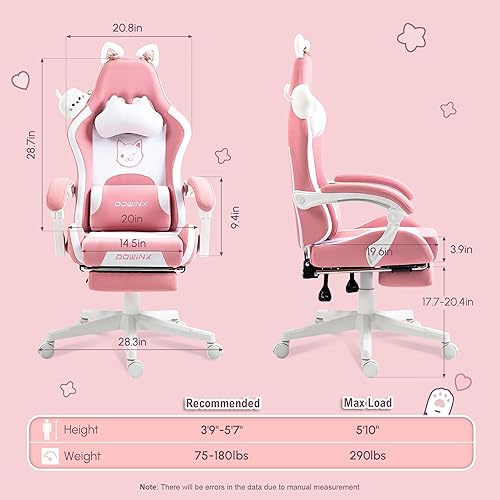 Miniatura 2 de Dowinx Silla Gamer para niñas, con orejas de gato y soporte lumbar de masaje, ergonómica, con reposapiés y reposacabezas, cómoda, reclinable,