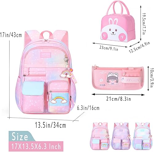 Miniatura 3 de Mochila kawaii, mochila rosa para niñas, mochila con diseño de arco iris estrellado para niños, bonita mochila para niños, mochila estética, azul