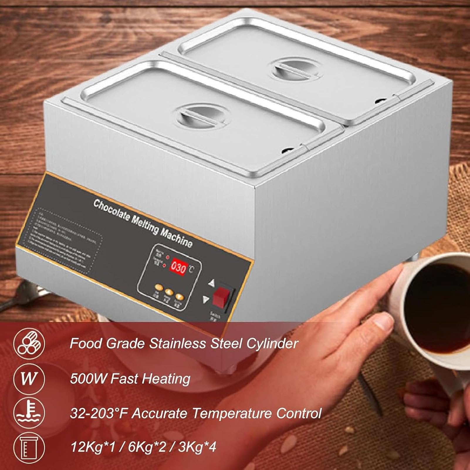 Tempéreuse à Chocolat numérique 500 W, Machine à Fondre Le Chocolat, contrôle de température réglable de 0 à 85 °C, idéale pour Chauffer et Maintenir Le Chocolat au Chaud Single-Cylinder