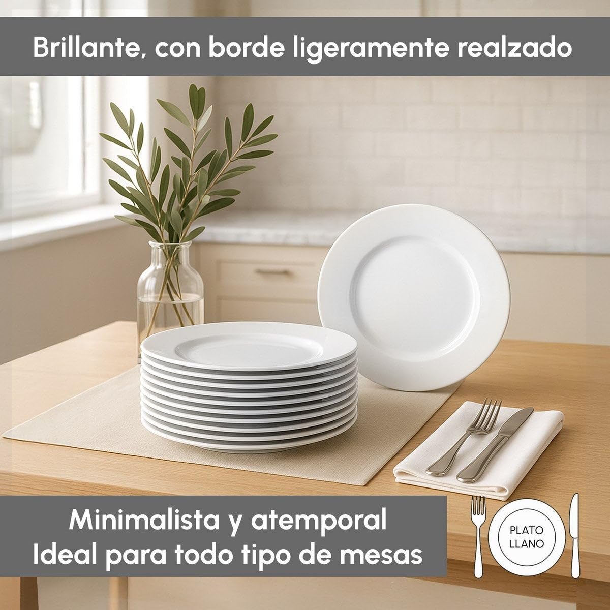 UNIMASA Juego de 12 platos llanos redondos blancos de porcelana de 27 cm. Configura tu vajilla completa moderna para 12 personas a tu gusto
