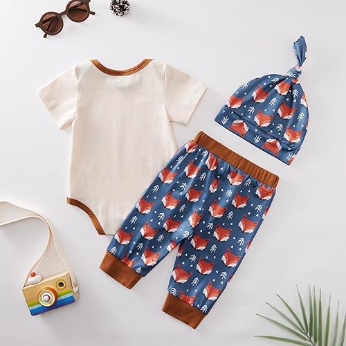 Miniatura 3 de SYNPOS Conjunto de 3 piezas de ropa de bebé recién nacido con estampado de animales de manga corta + pantalones + sombrero