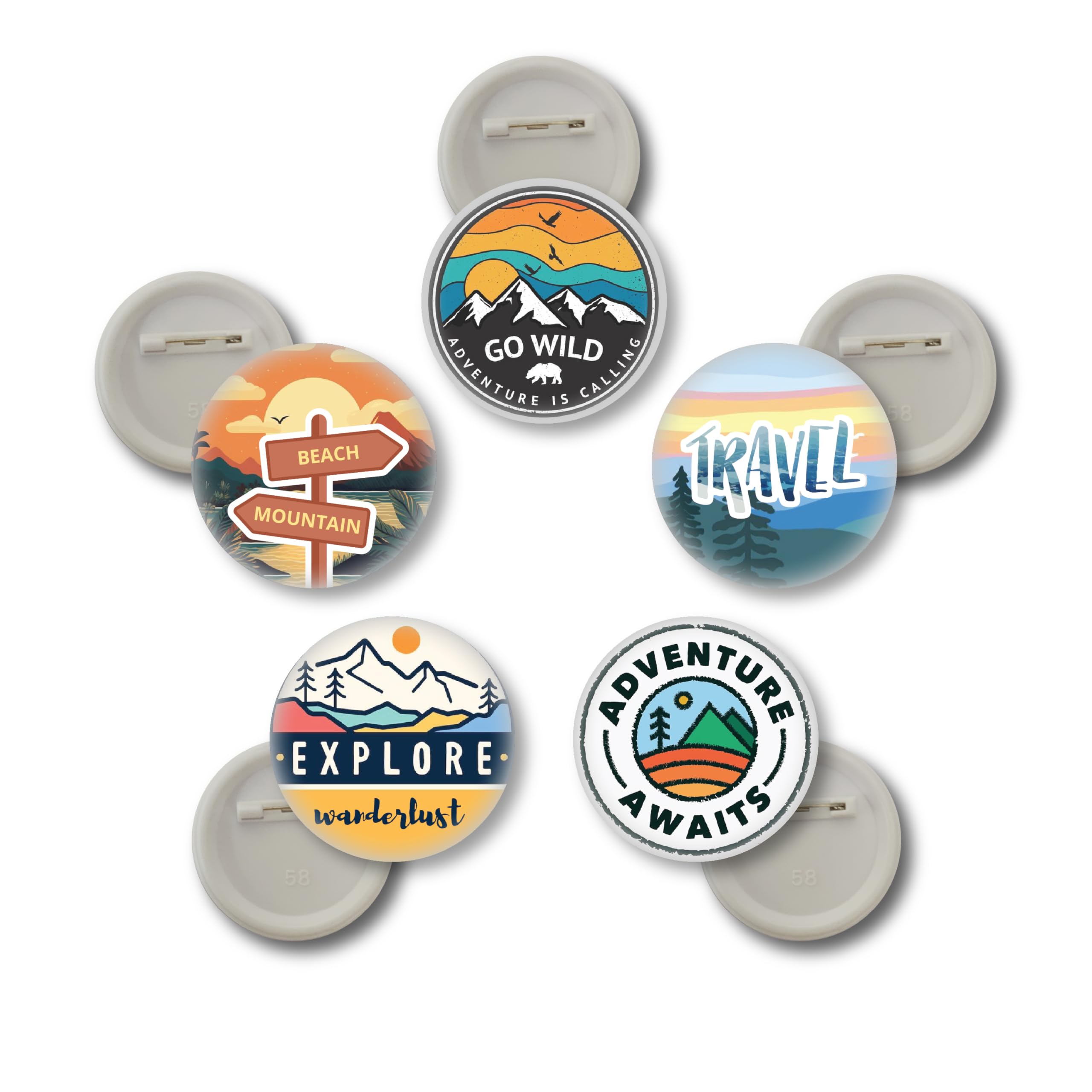 D2C Travel Adventure Pin Badges Set, 5.8 cm, Pack of 5, Explore and Mountain Themes, Multi Colour-image-4