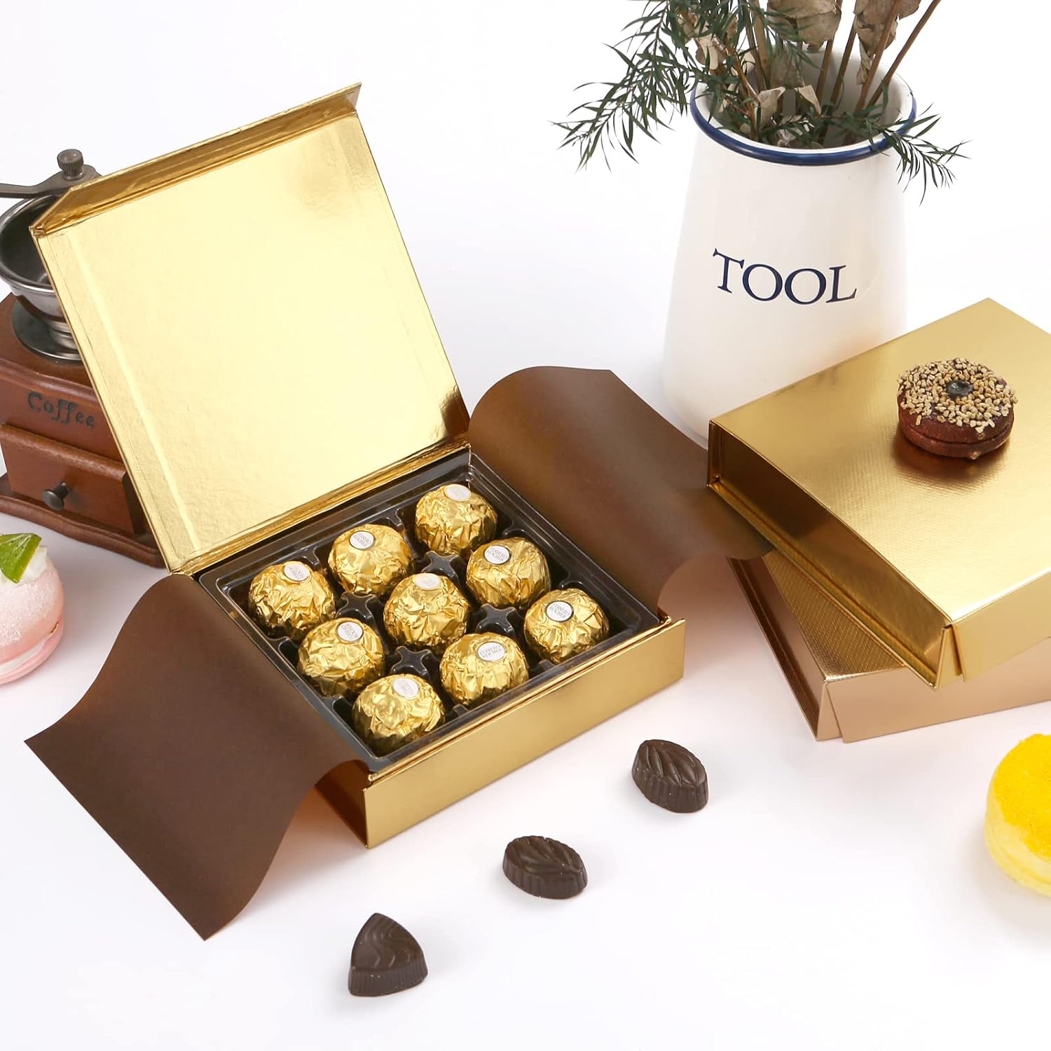 6 Truffle Boxes, Chocolates Boxes, Gold Truffle Gift Boxes Packaging with 9-Piece Plastics Tray, Magnetic Closure Lid 5.7x5.7x1.3 Inches