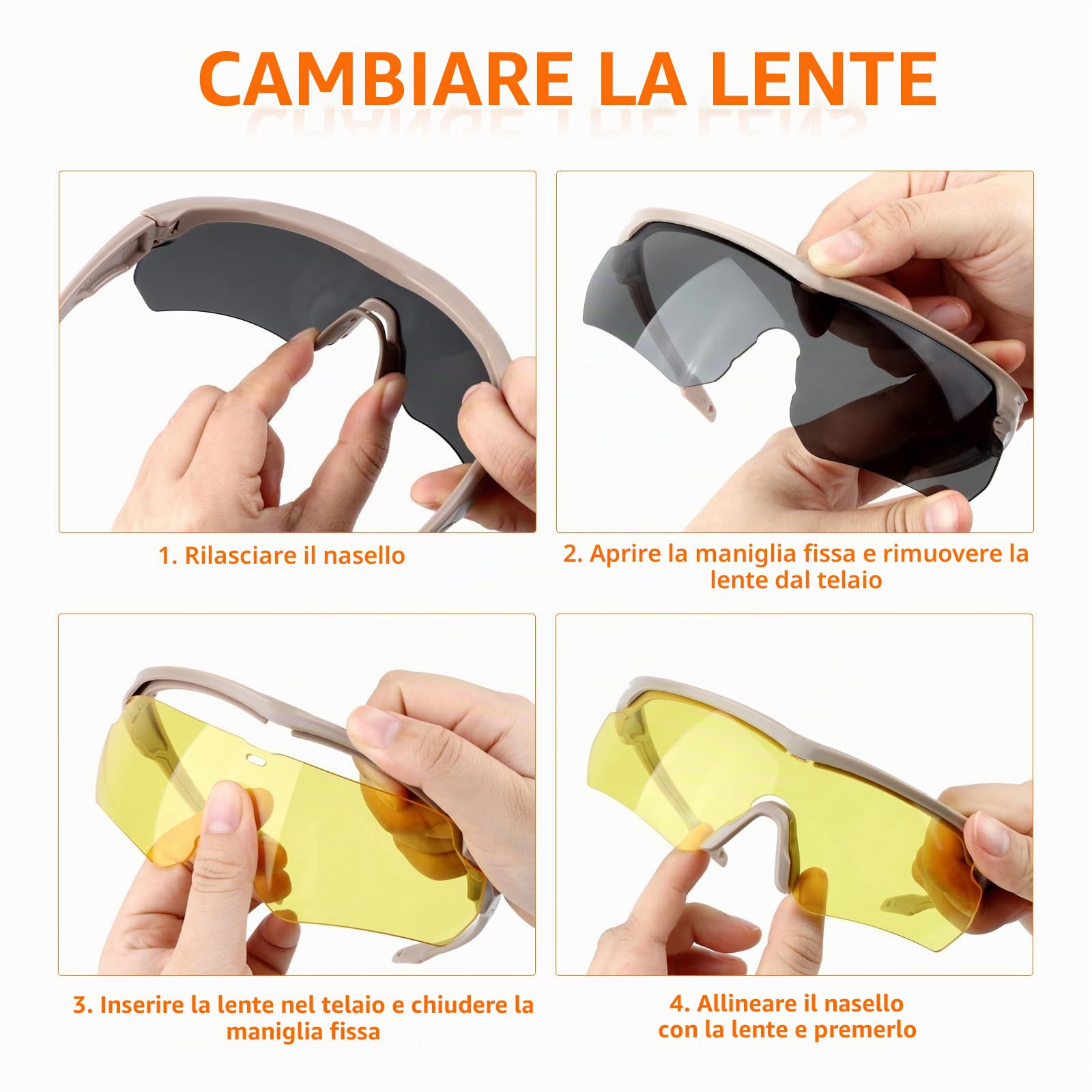 Occhiali Sportivi ANSI Z87.1, Occhiali da Tiro, Occhiali da Sole Antiappannamento con 3 Lenti per Uomo Donna Ciclismo, Escursionismo, Corsa (Cachi)